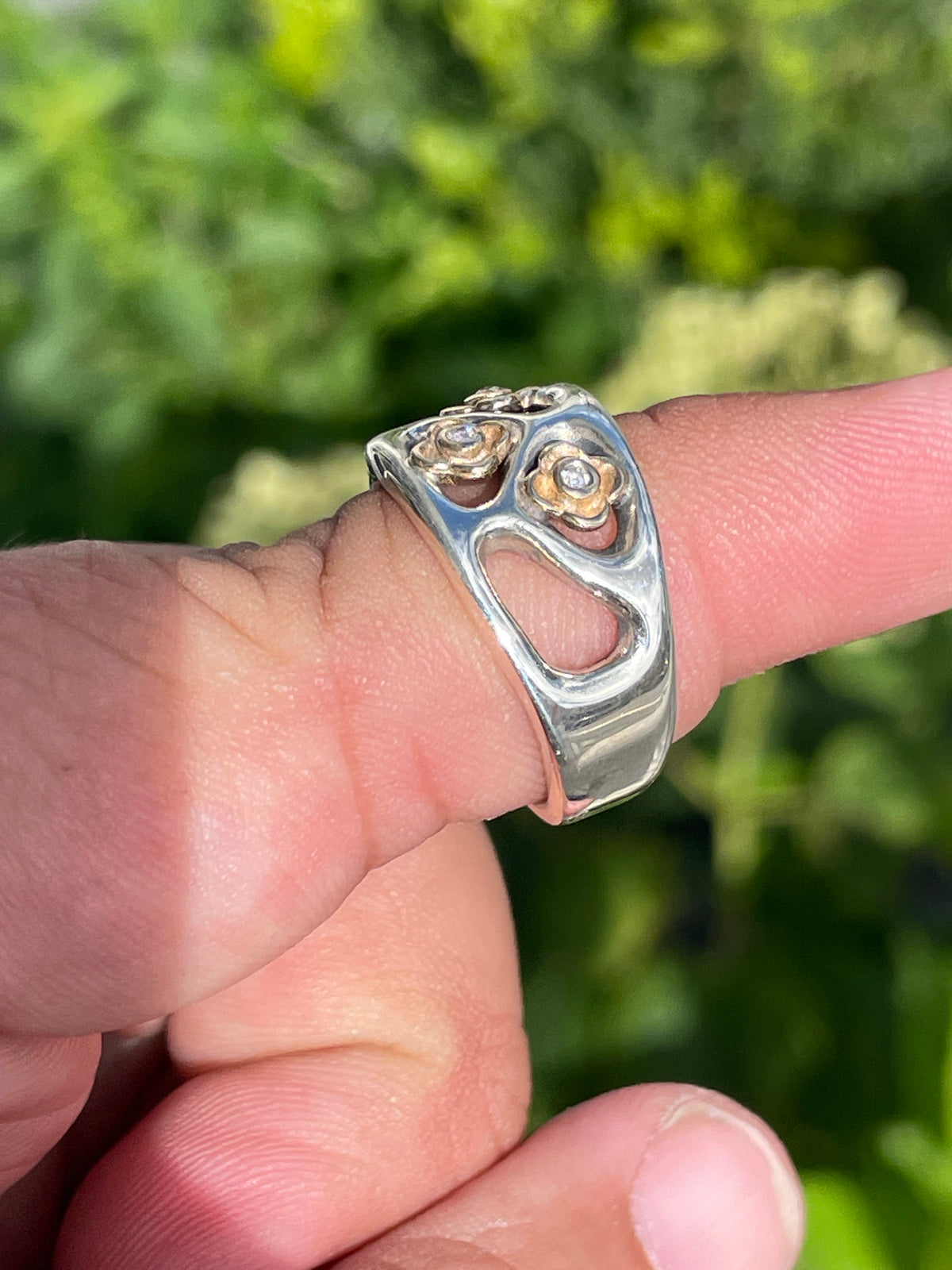 Retired Pandora 190154D - ALE 925 & 14K Gold Diamond Flower Ring Size 7.5