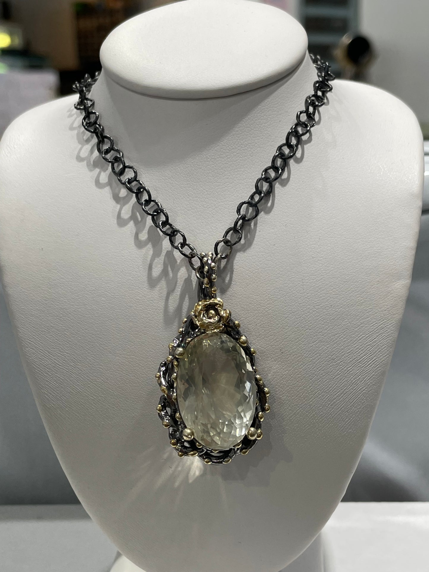 925 Oxidized Sterling Silver Large Light Yellow Citrine Necklace with Vermeil beaded highlights 20”