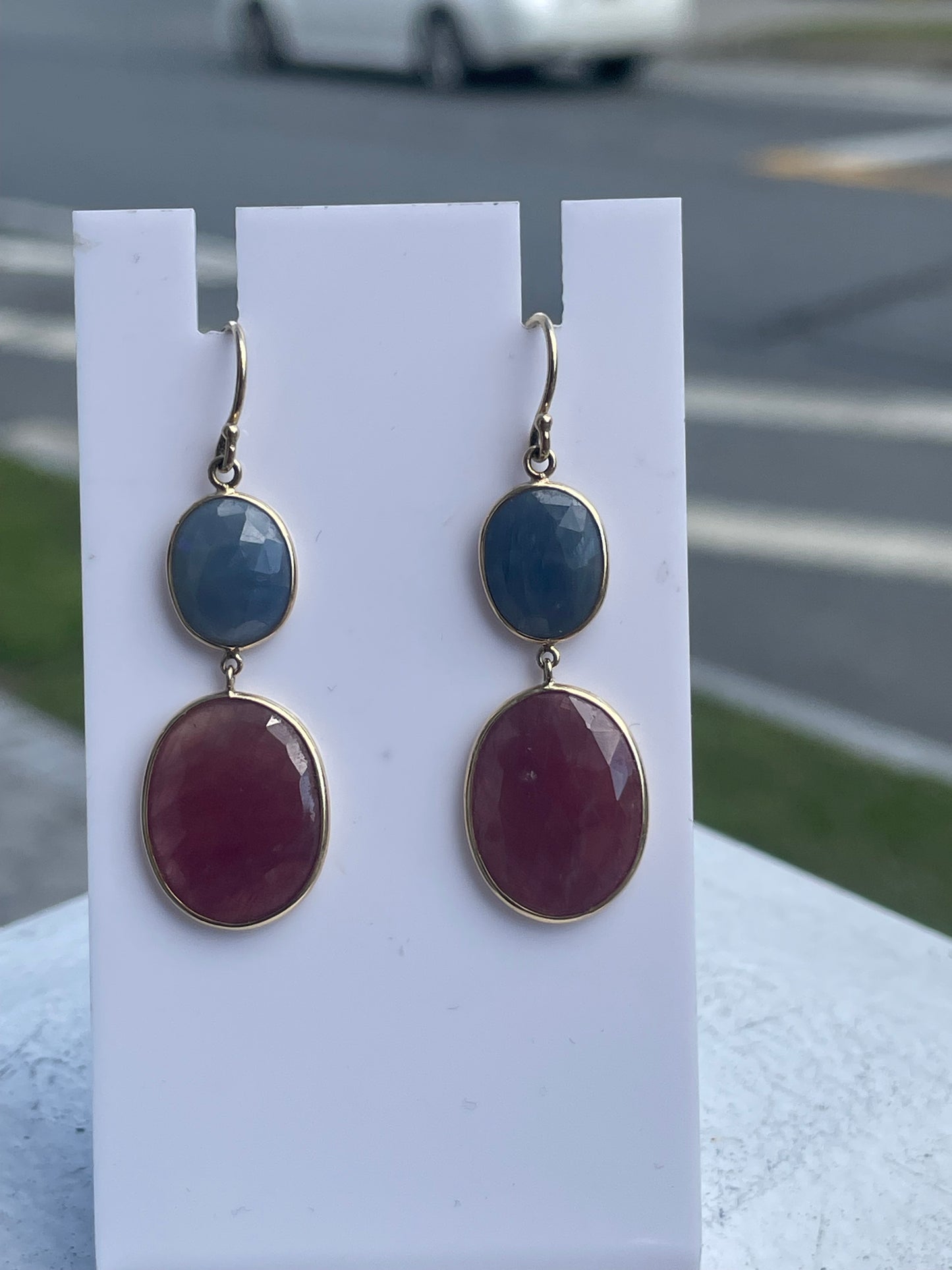 14k Gold Peach & Periwinkle Blue Agate Dangle Earrings