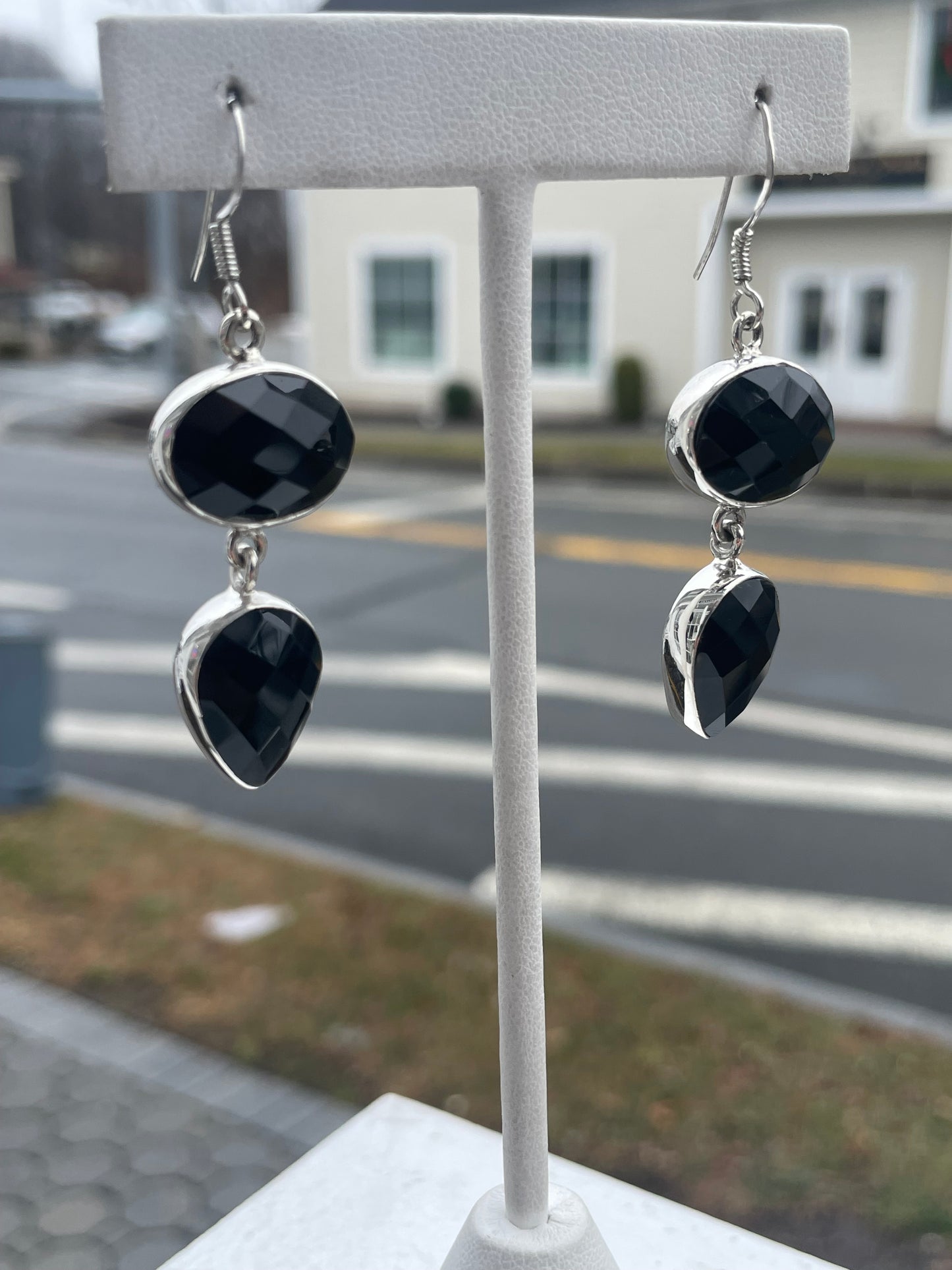 925 Sterling Silver Large Stone Black Spinel Dangle Earrings