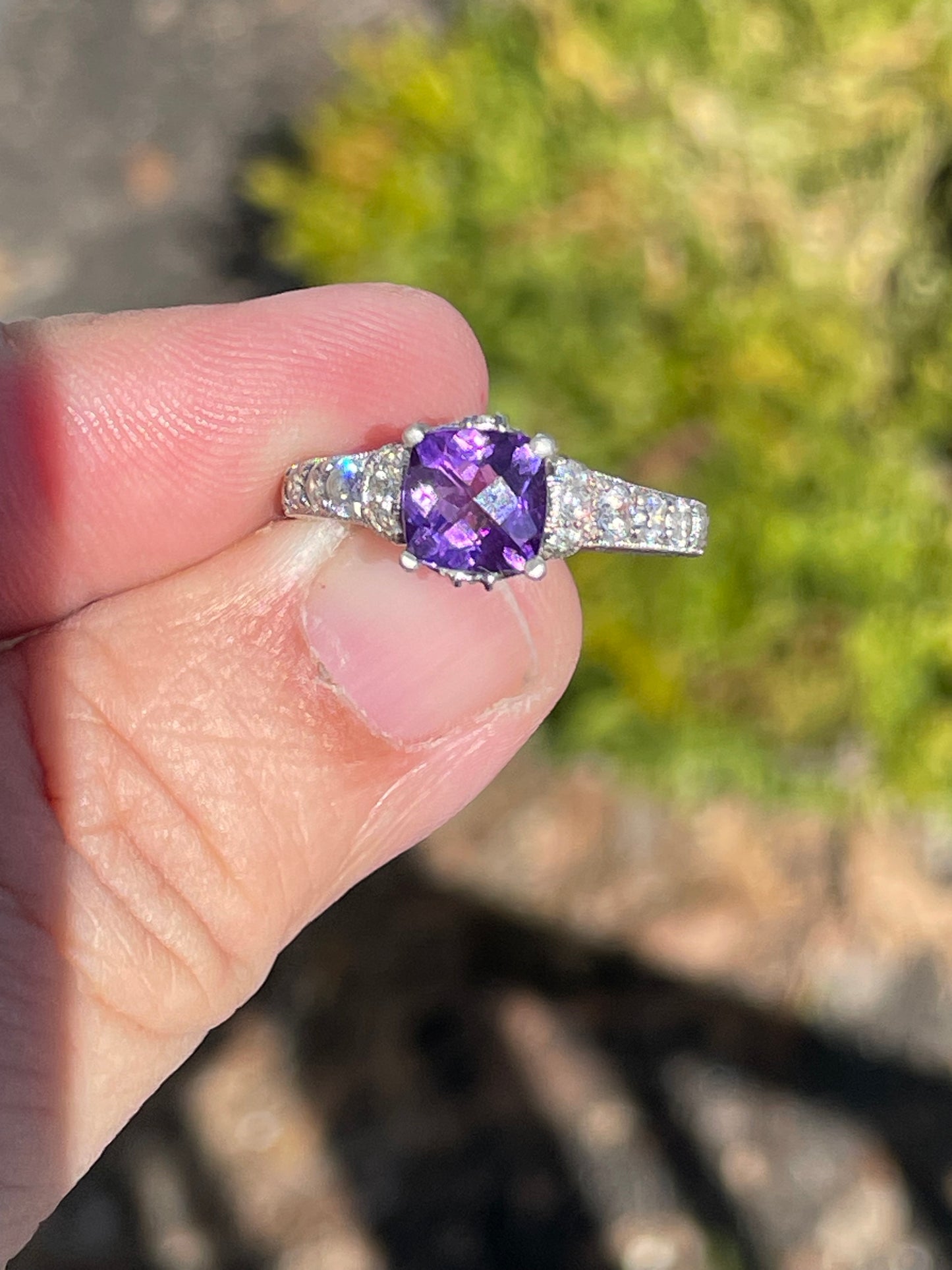 Designer Tacori 925 Sterling Silver Amethyst & Cz Fancy Etched Setting Ring Size 7.5