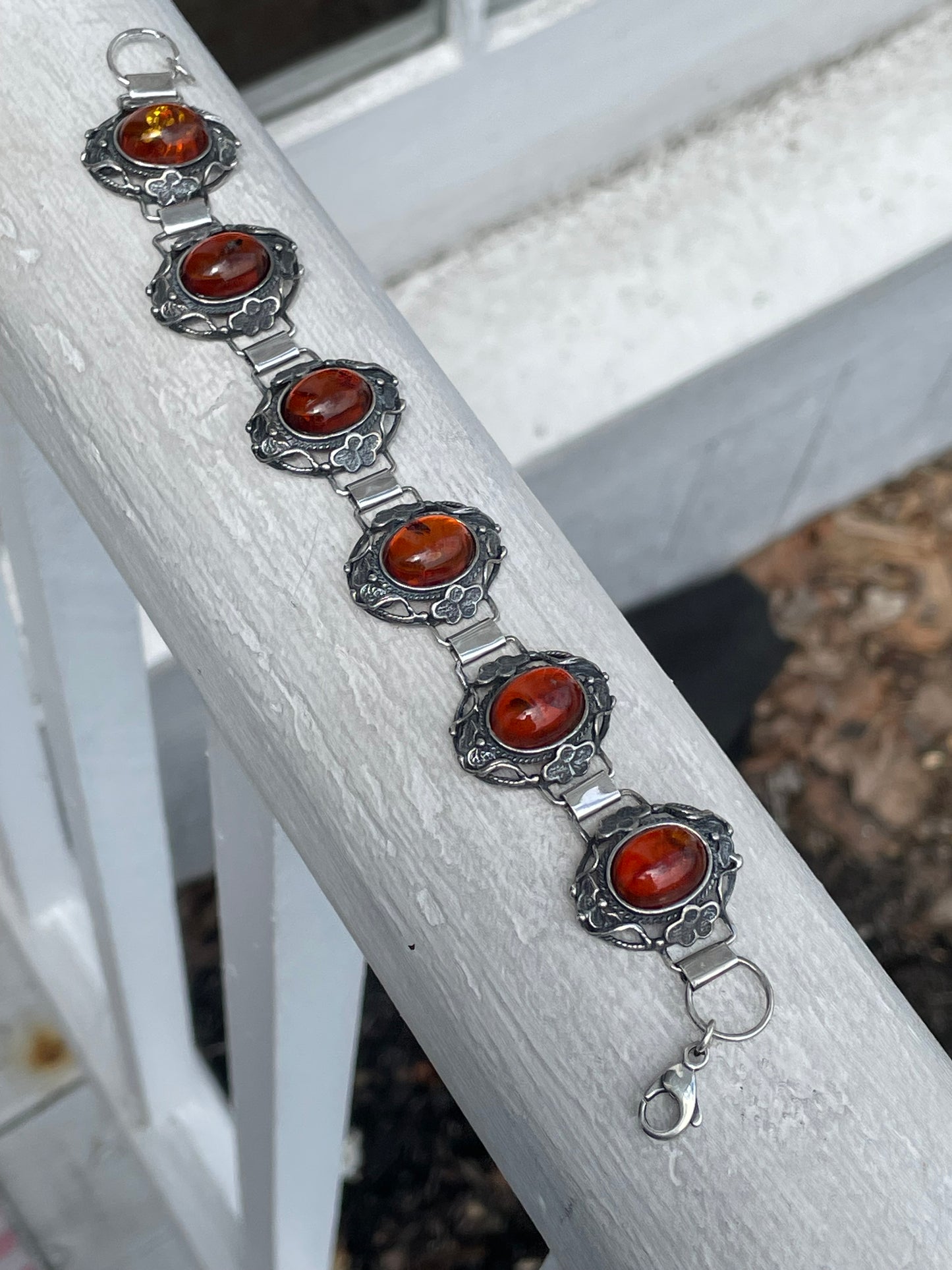 925 Sterling Silver Handmade Amber Filigree Bracelet 7.5”