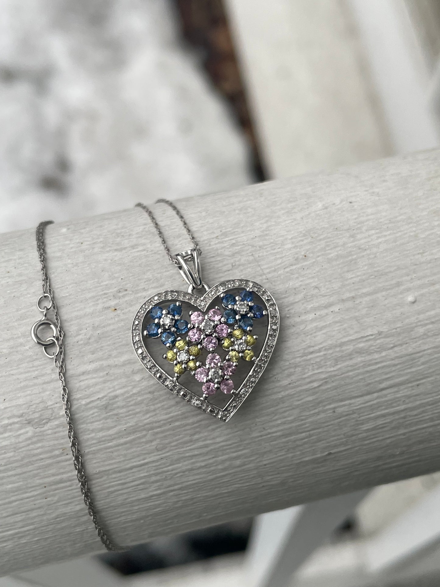 10k Gold Field Of Flowers Diamond Heart Necklace with Multi-Colored Stone Flowers (K23)