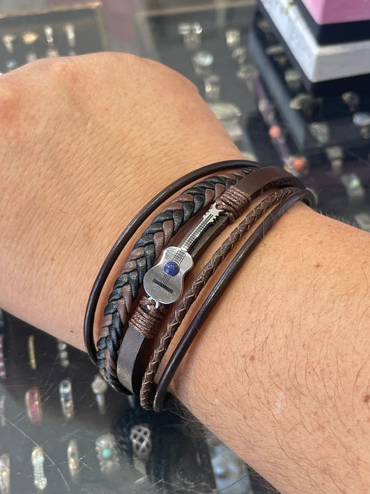 Stainless Steel & Brown Leather Multi strand guitar bracelet 7.5”