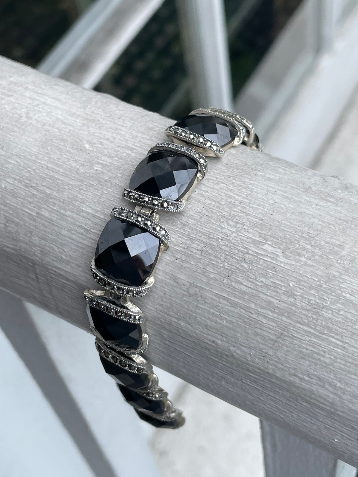 925 Sterling Silver Large Black Onyx & Marcasite Chunky Bracelet 8”