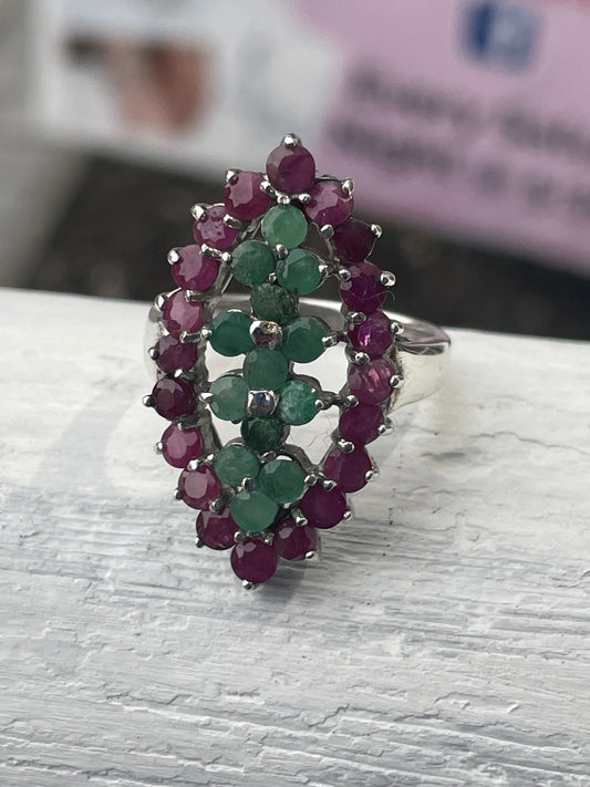 925 Sterling Silver Natural Ruby & Emerald Cluster Ring