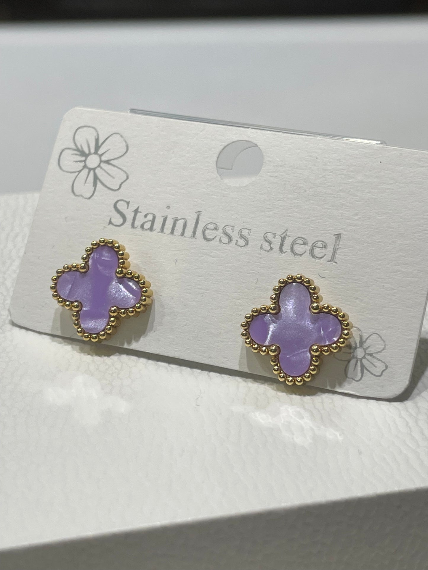 Stainless Steel Vermeil Lavendar Purple Clover Van Cleef Style Post Stud Earrings