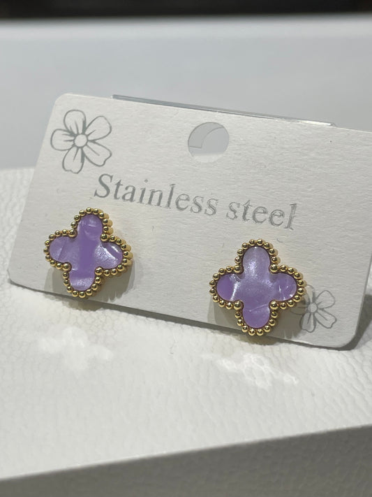 Stainless Steel Vermeil Lavendar Purple Clover Van Cleef Style Post Stud Earrings