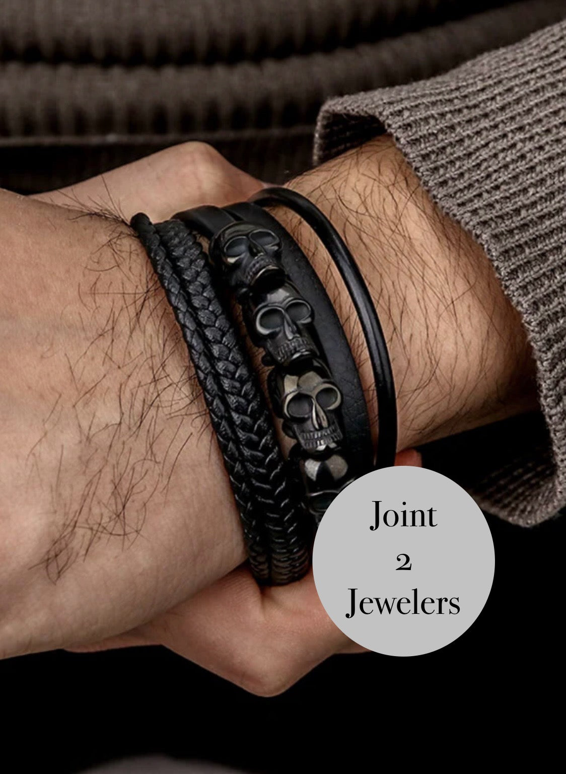 Black Skull Stainless Steel & Leather Multi Strand Bracelet