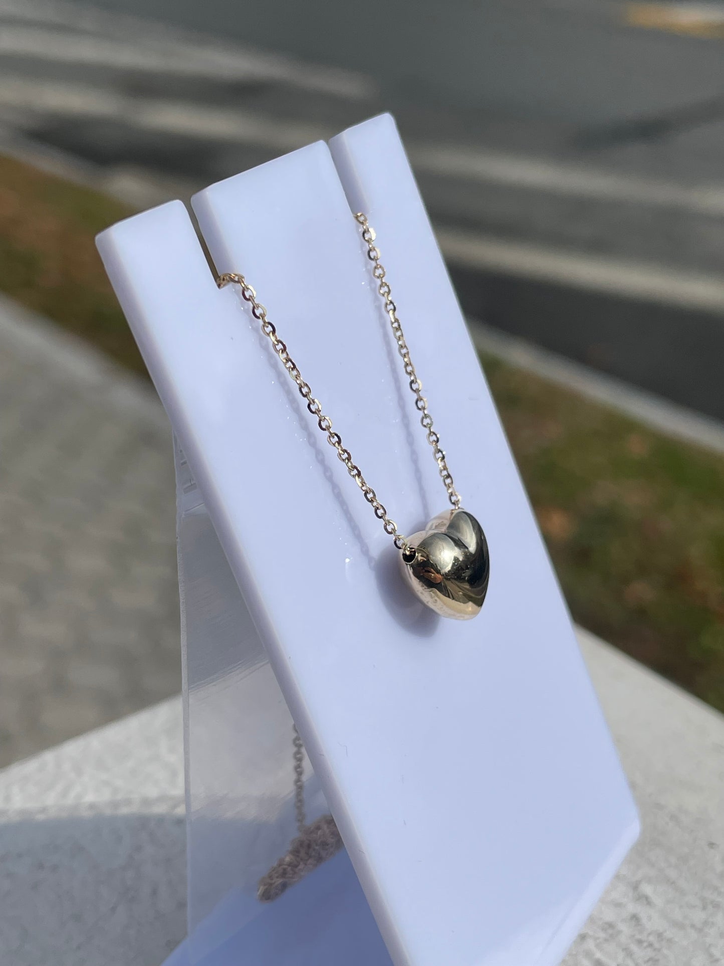 14k Gold Solitaire 12mm Puffy Heart Necklace 15”-17”