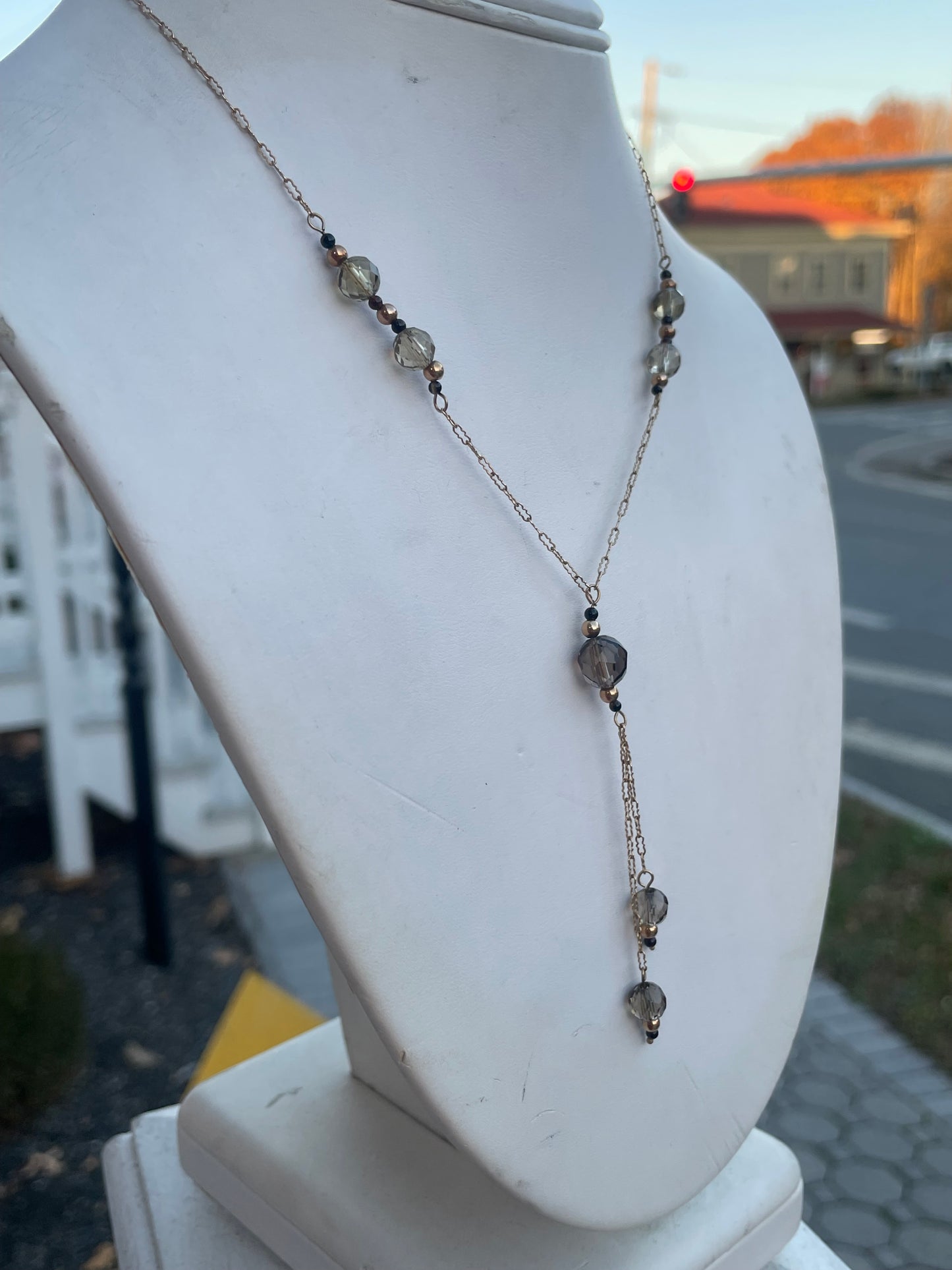 10k Gold Smoky Quartz & Black Onyx Beaded Plunge Necklace 15.5”