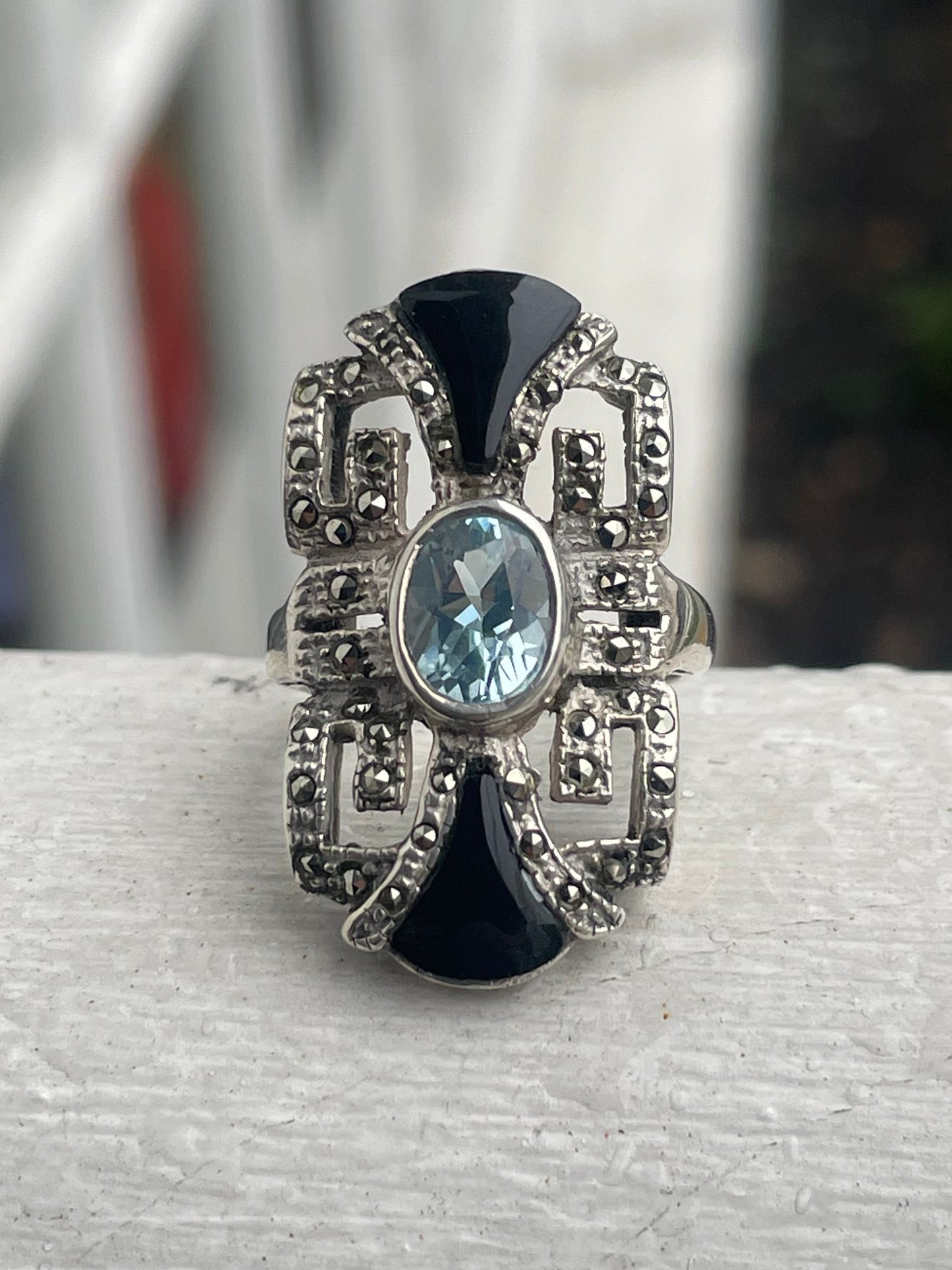 925 Sterling Silver Greek Key Blue Topaz + Black Onyx & Marcasite Cluster Ring Size 6