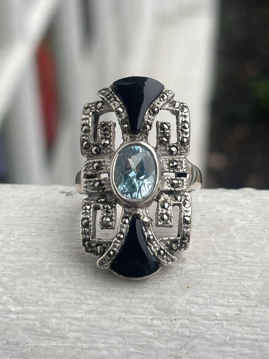 925 Sterling Silver Greek Key Blue Topaz + Black Onyx & Marcasite Cluster Ring Size 6