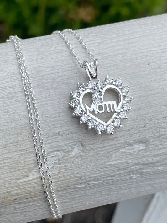 Designer HAN 925 Sterling Silver Mom Cz Heart Wreath Necklace 18”