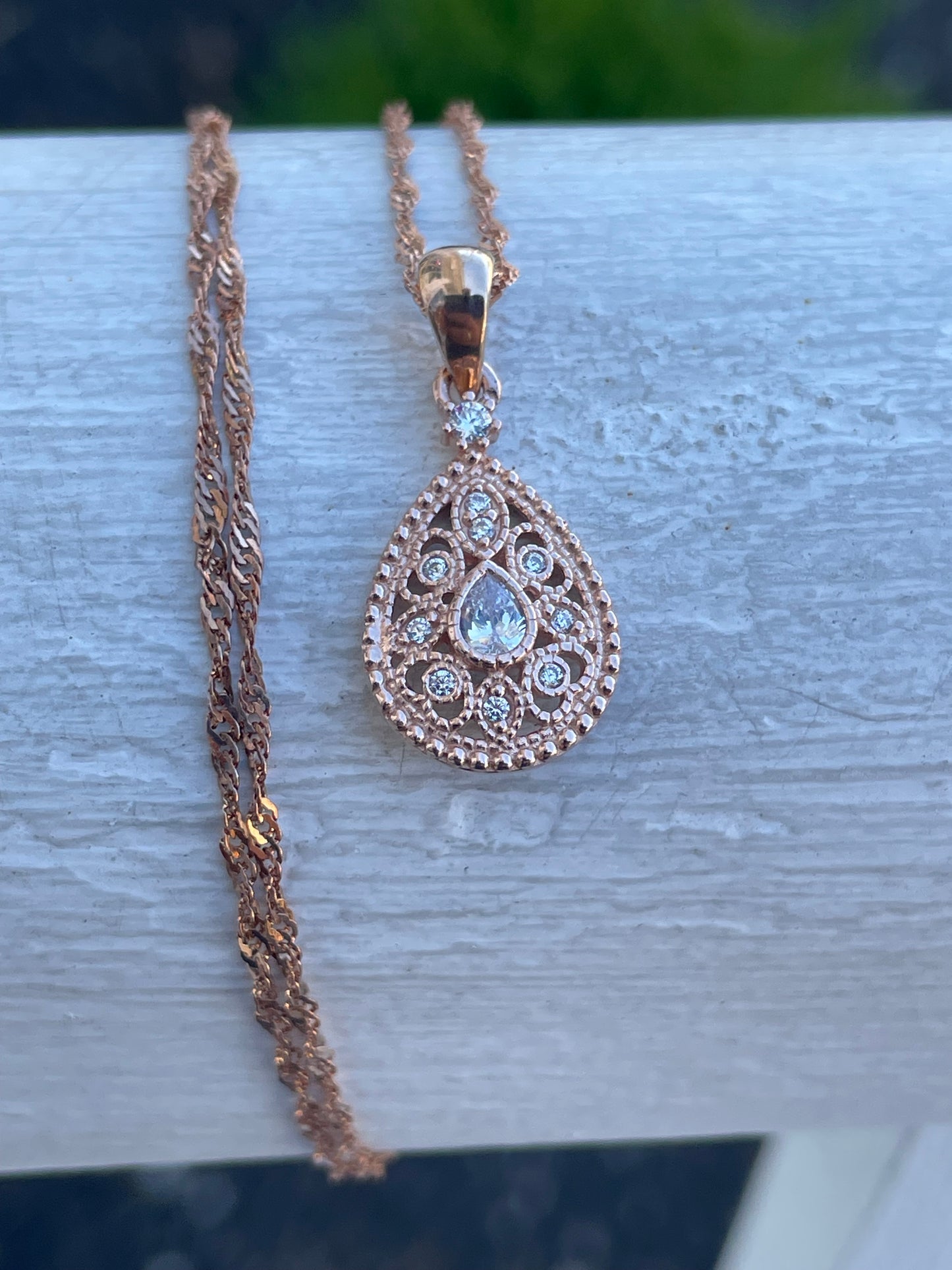 925 Sterling Silver Rose Vermeil Cz Cluster Teardrop Necklace 20”