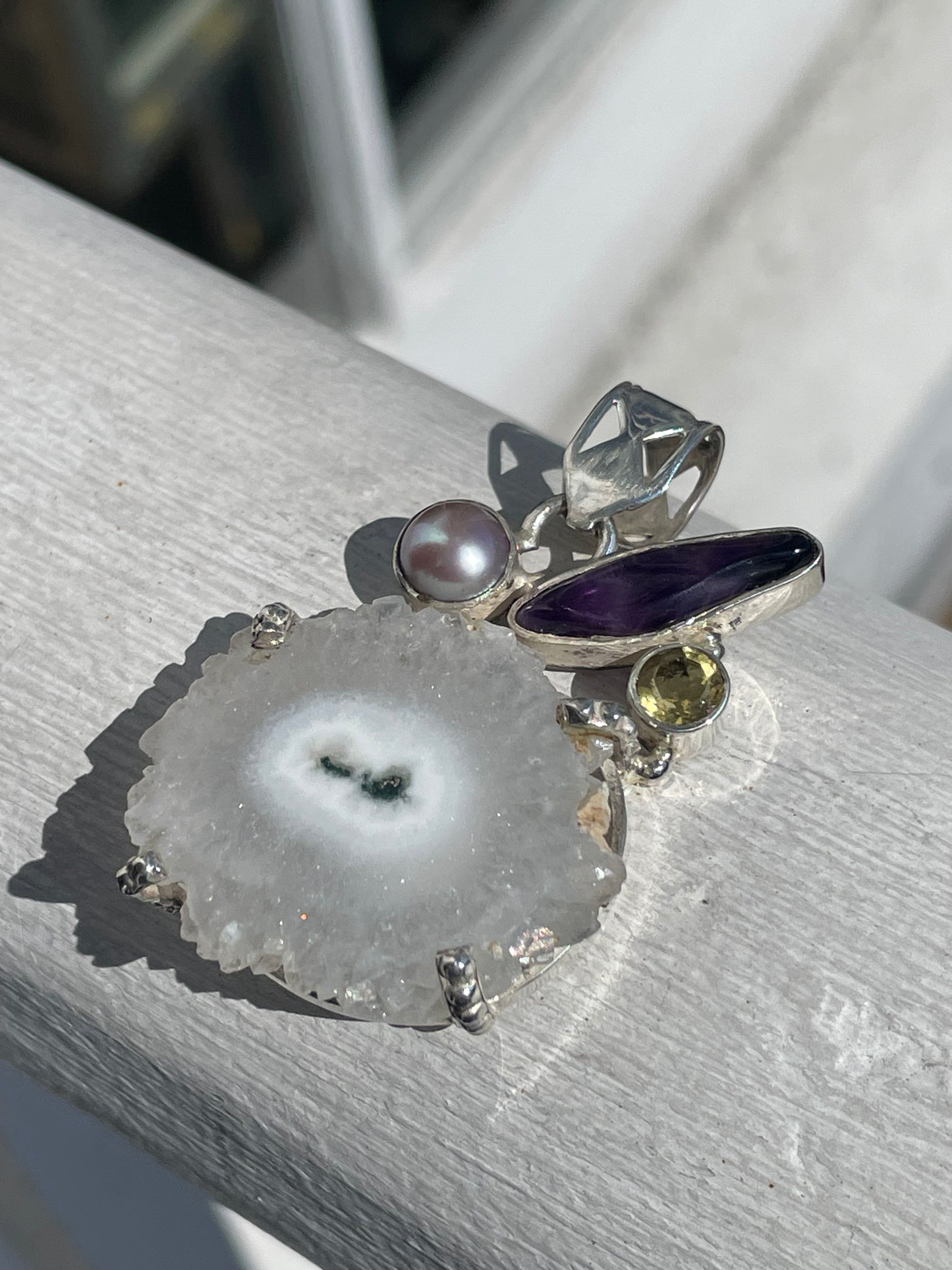Handmade 925 Sterling Silver Stalactite, Pearl, Amethyst & Citrine Pendant (U36)