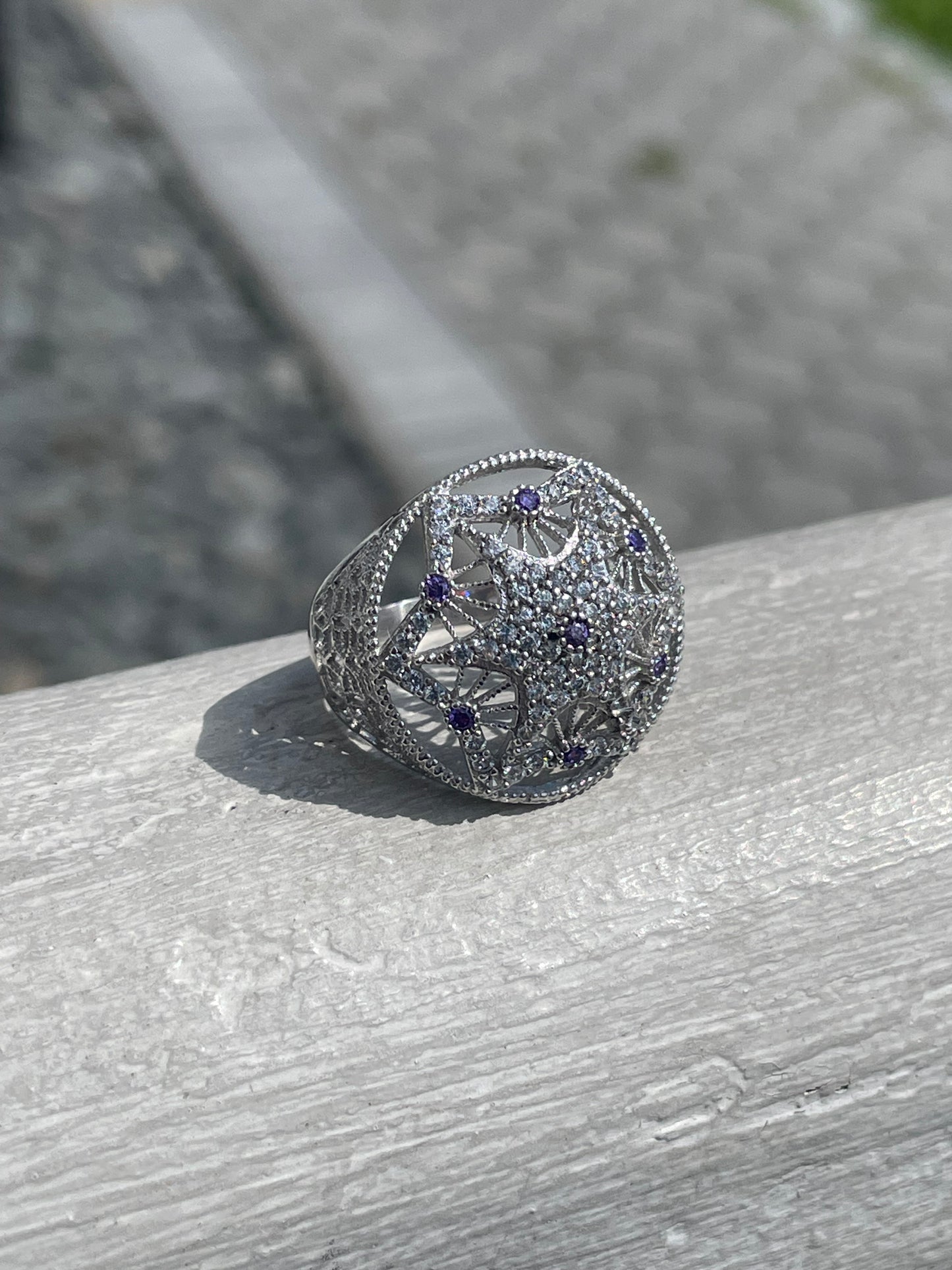 925 Sterling Silver Purple & Clear Zirconia Dream Catcher Ring Size 8