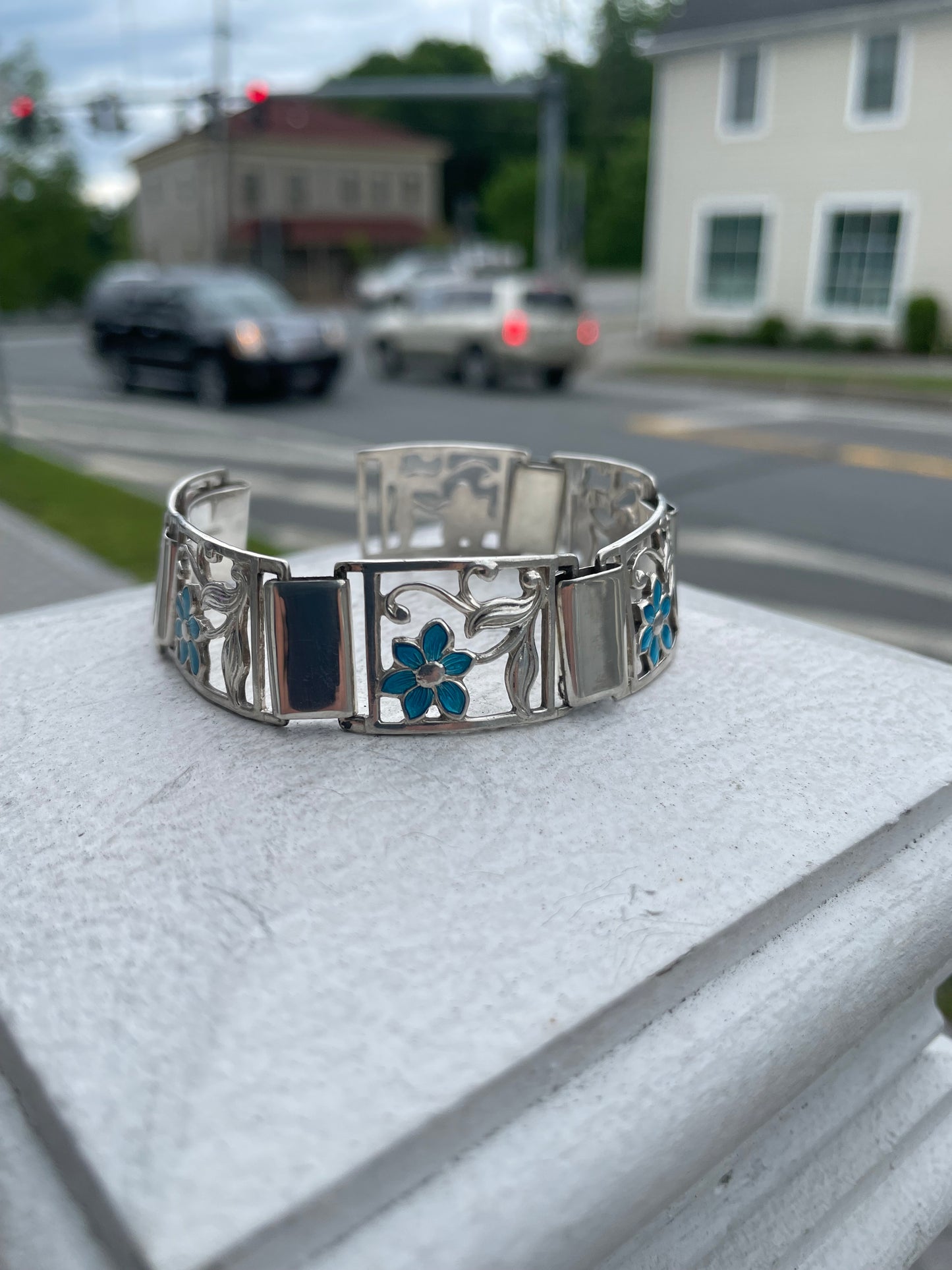 Designer Fir Munksgaard Denmark 925 Sterling Silver 309 Blue Flower Bracelet 6.75”