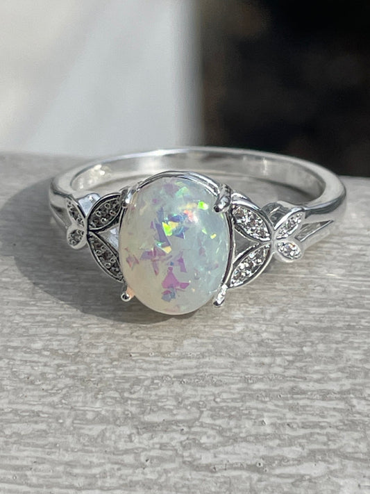 925 Sterling Silver Simulated Opal & Cz Cocktail Ring Size 9