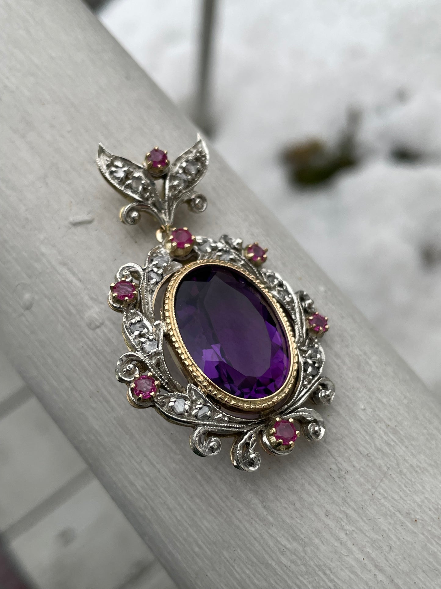 14k & 925 Silver Antique Amethyst Ruby & Diamond Pendant (K31)