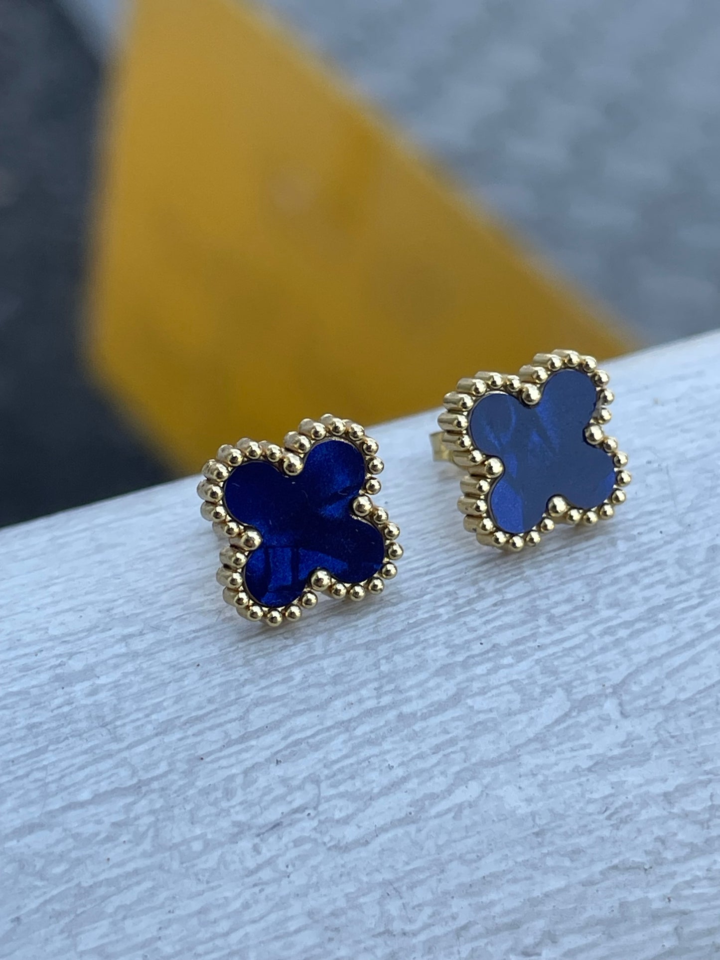 Stainless Steel Vermeil Van Cleef Style Blue Clover Earrings