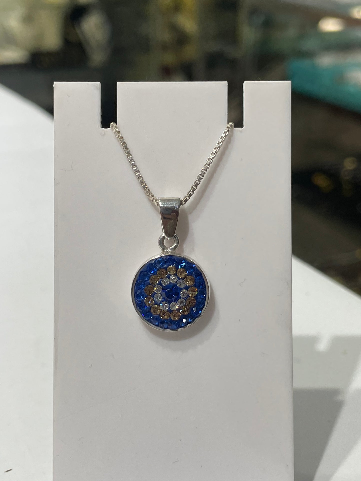 925 Sterling Silver Evil Eye Sparkling Crystal Disc Necklace