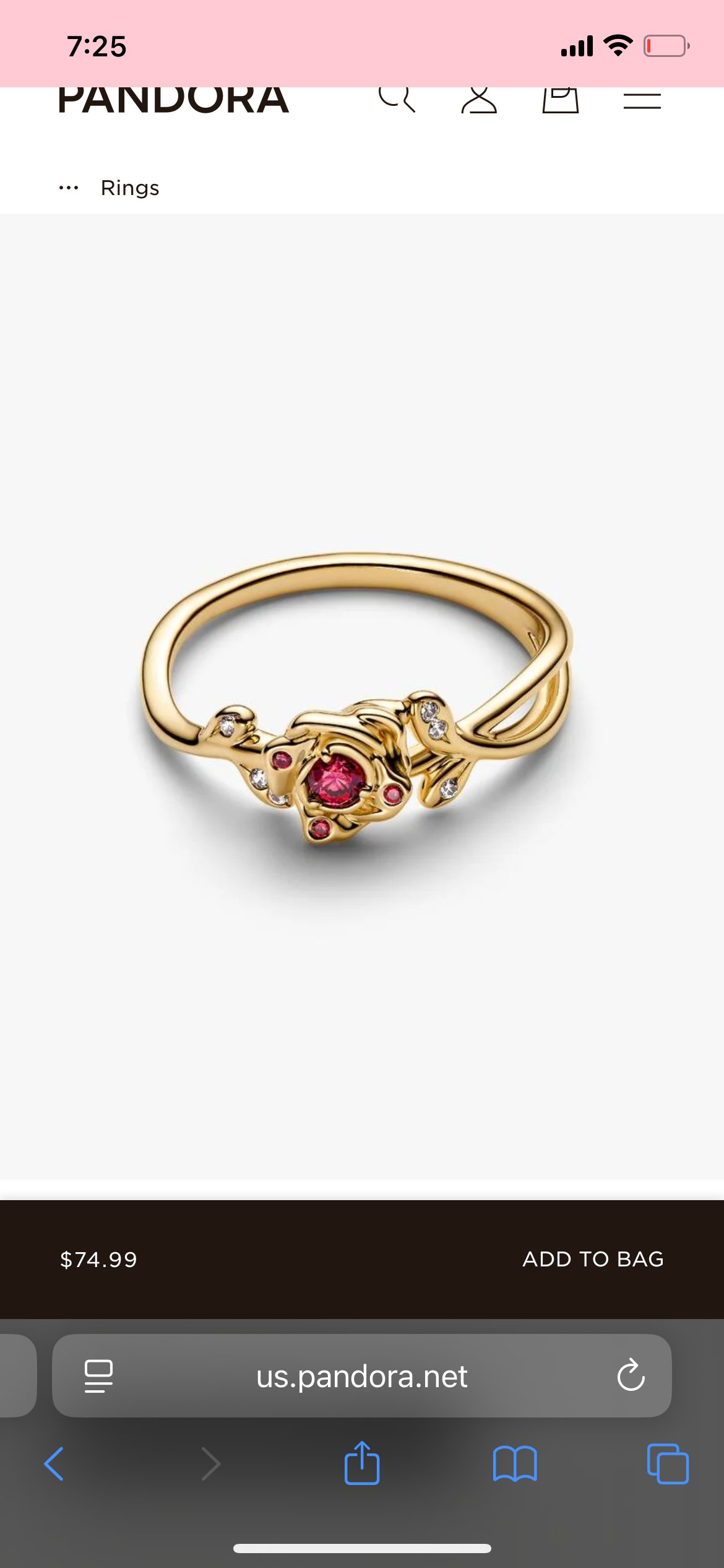 Pandora 160017C01 Beauty & The Beast Rose Ring Size 7