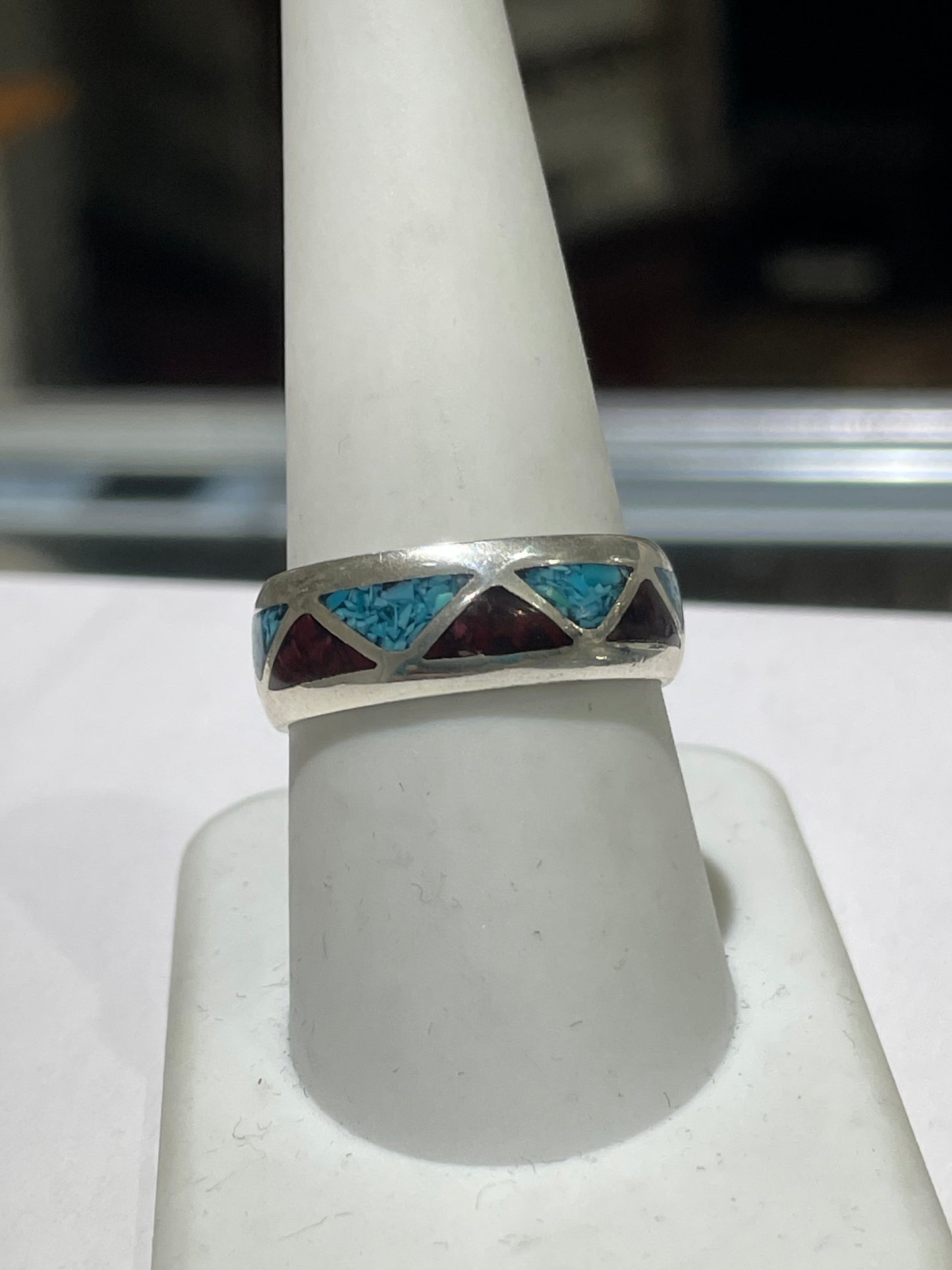 Sterling Silver Coral & Turquoise Zigzag Inlay Pattern Band Ring Size 9