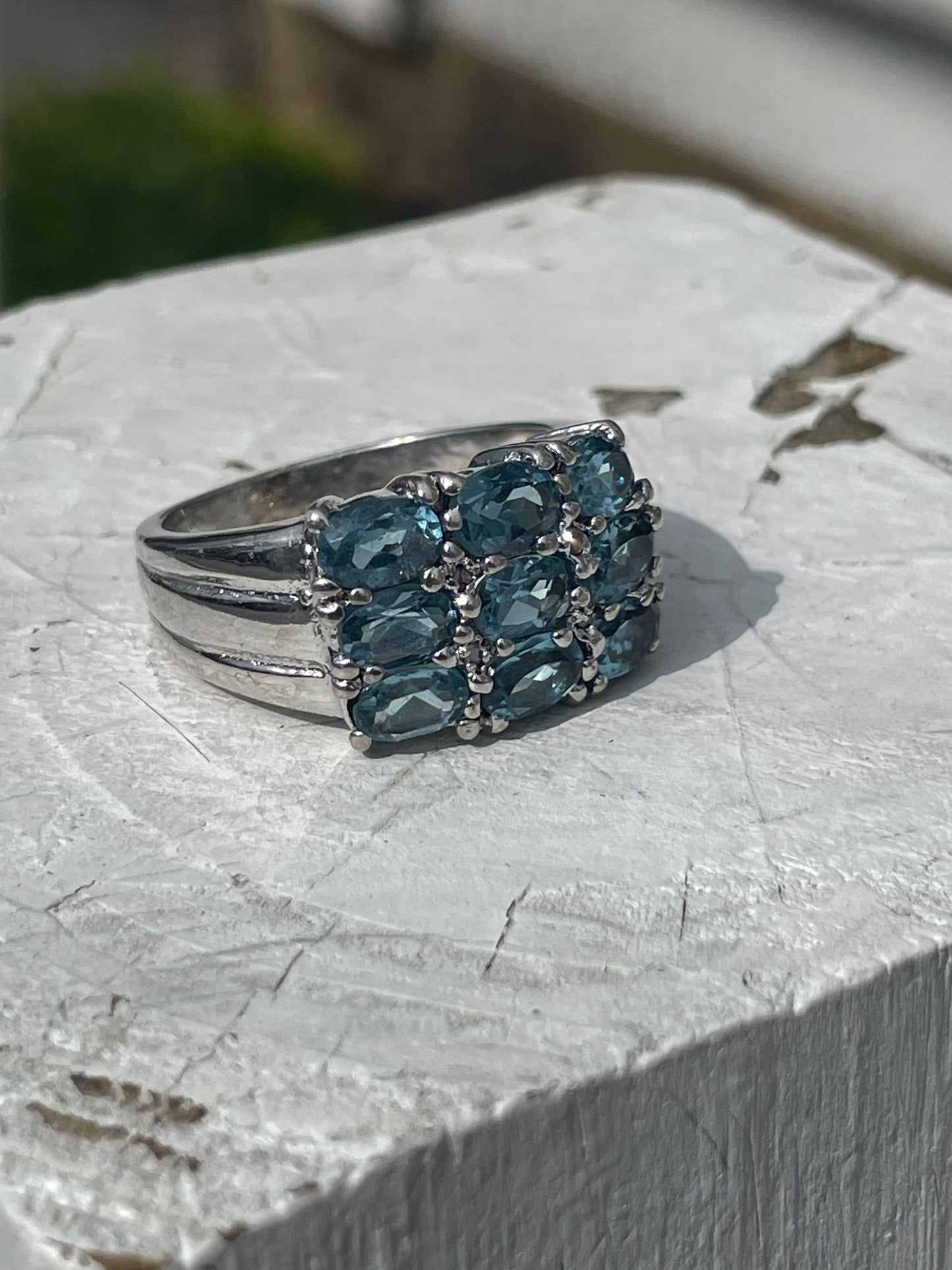 925 Sterling Silver Triple Row Natural Blue Topaz Cluster Band Ring