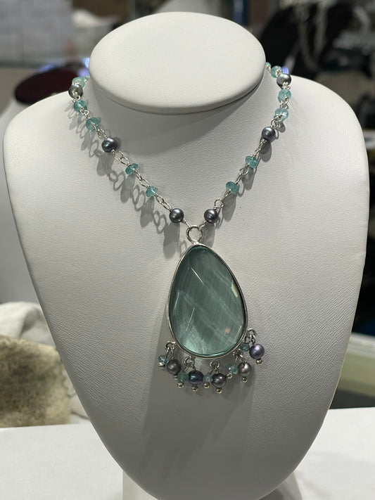 Designer Lucas Lameth Green Praisolite & Peacock Pearl 925 Sterling Silver Statement Necklace