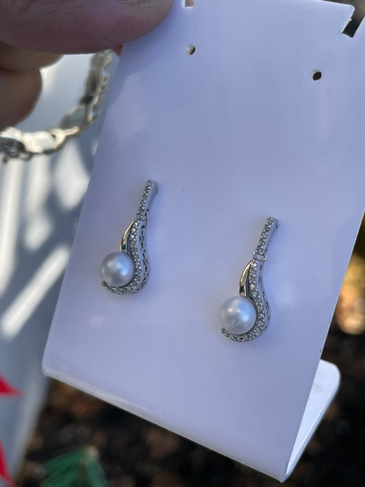 925 Sterling Silver & 14K Gold 2tone Freshwater Pearl & Diamond Dangle Earrings