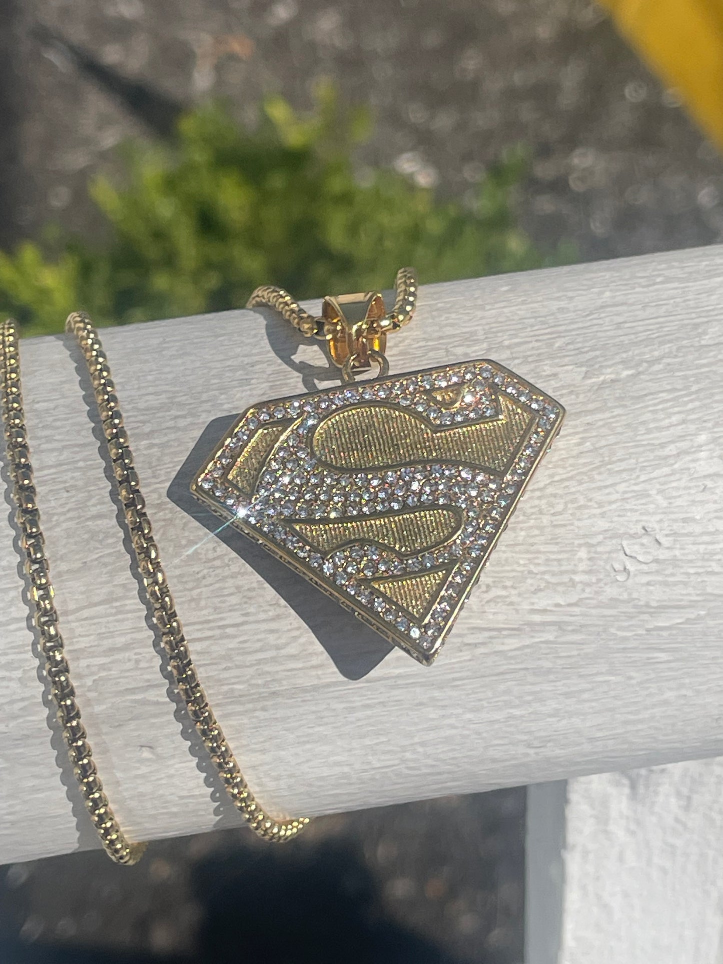 Stainless Steel Gold Color Sparkling Superman Logo Necklace