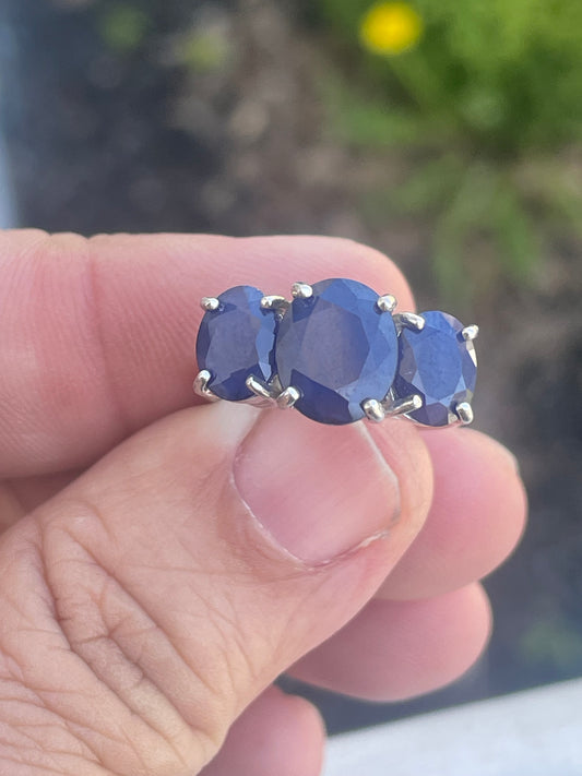 Natural Sapphire Past Present Future 925 Sterling Silver Ring Size 7