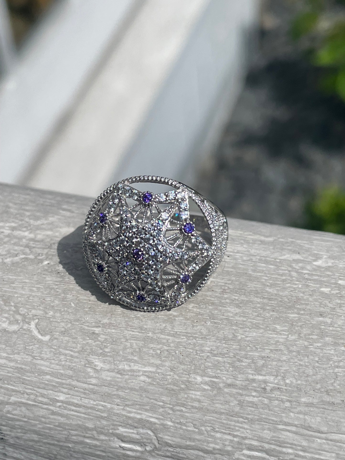 925 Sterling Silver Purple & Clear Zirconia Dream Catcher Ring Size 8