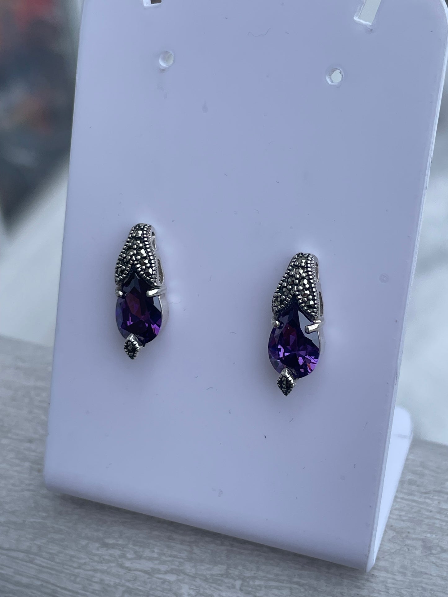 925 Sterling Silver Amethyst & Marcasite Drop Stud Earrings