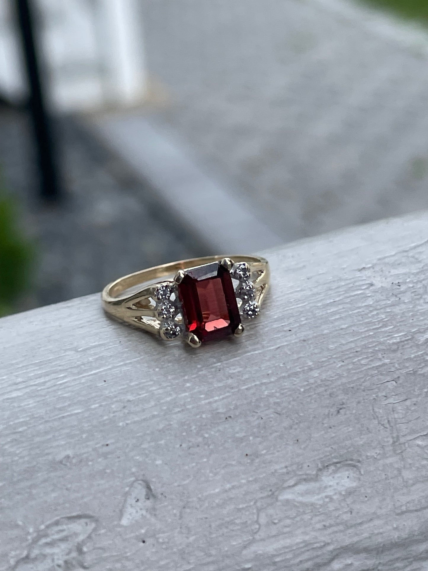 14k Gold Emerald Cut Garnet & Diamond Ring