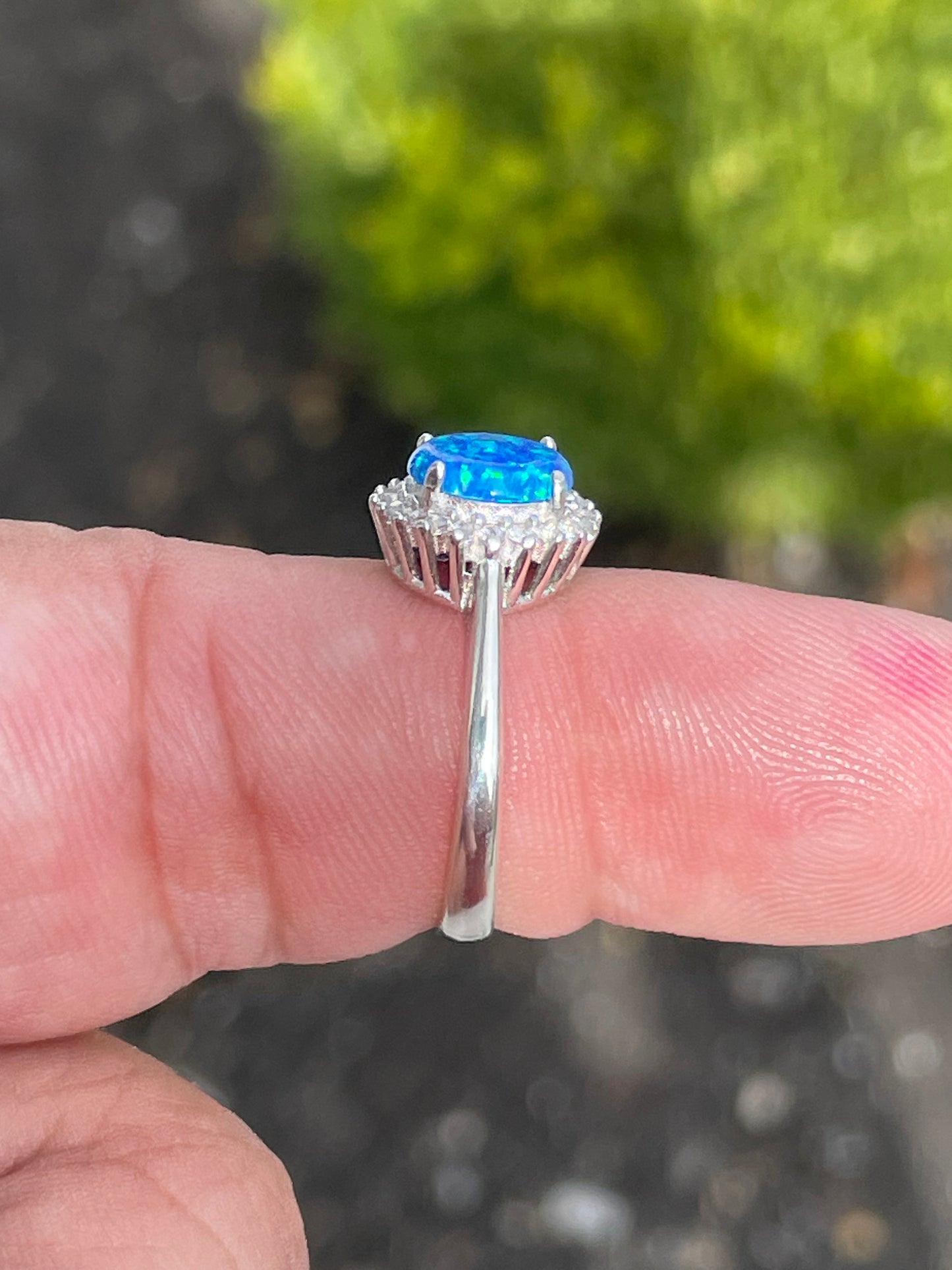 925 Sterling Silver Blue Opal & Cz Solitaire Ring Size 7