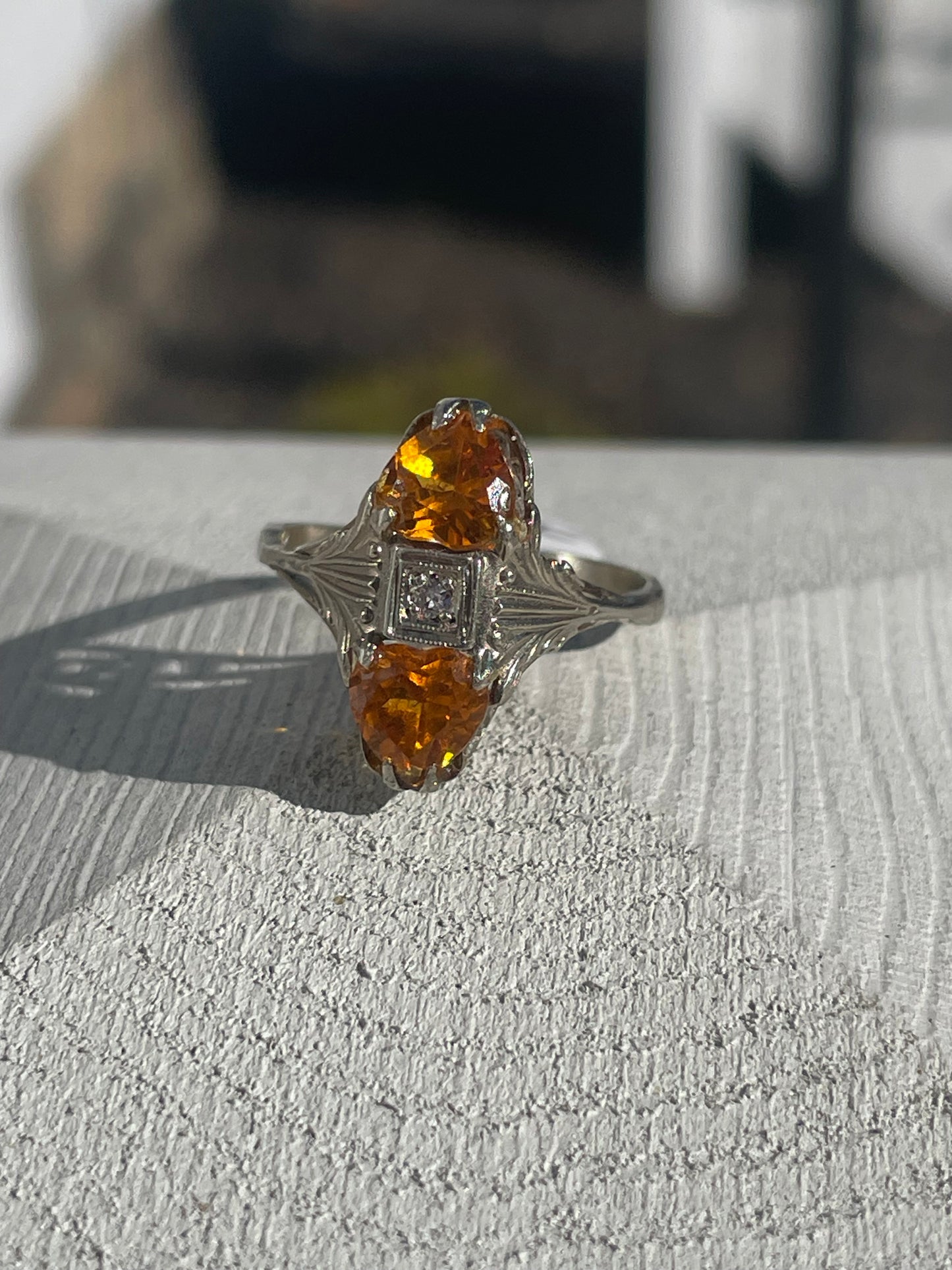 14k White Gold Antique Art Deco Double Heart Citrine & Diamond Ring Size 7.5