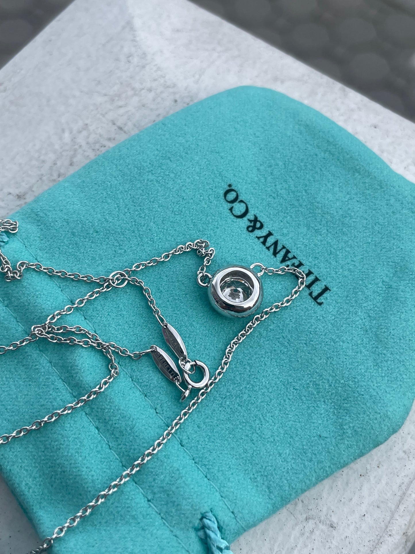 Tiffany & Co. 18k White Gold 1.00ct Bezel Set Solitaire Lab Grown Diamond Necklace