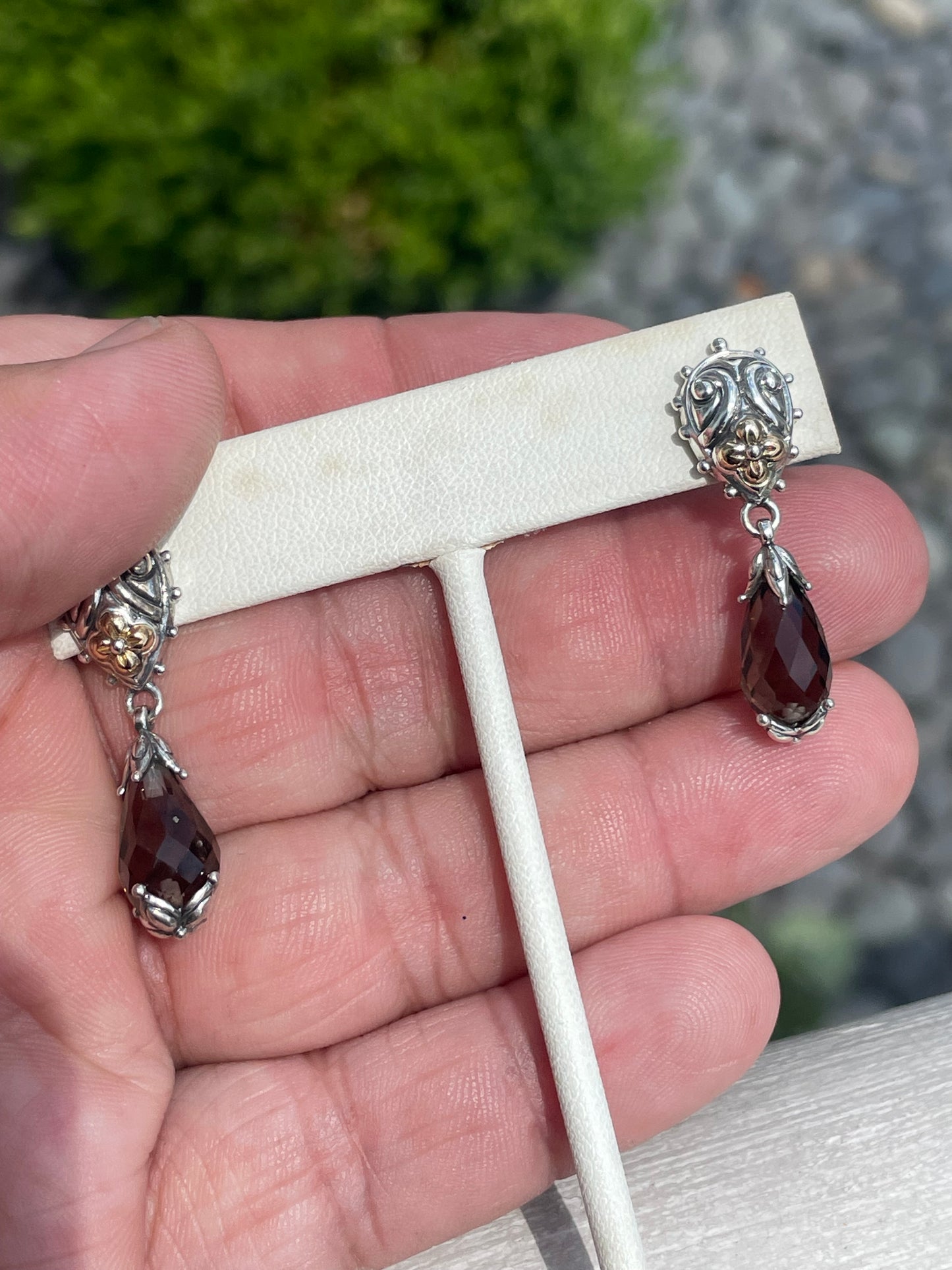 Designer Barbara Bixby Elongated Smoky Quartz Dangle Earrings 925 Sterling Silver & 18k Gold