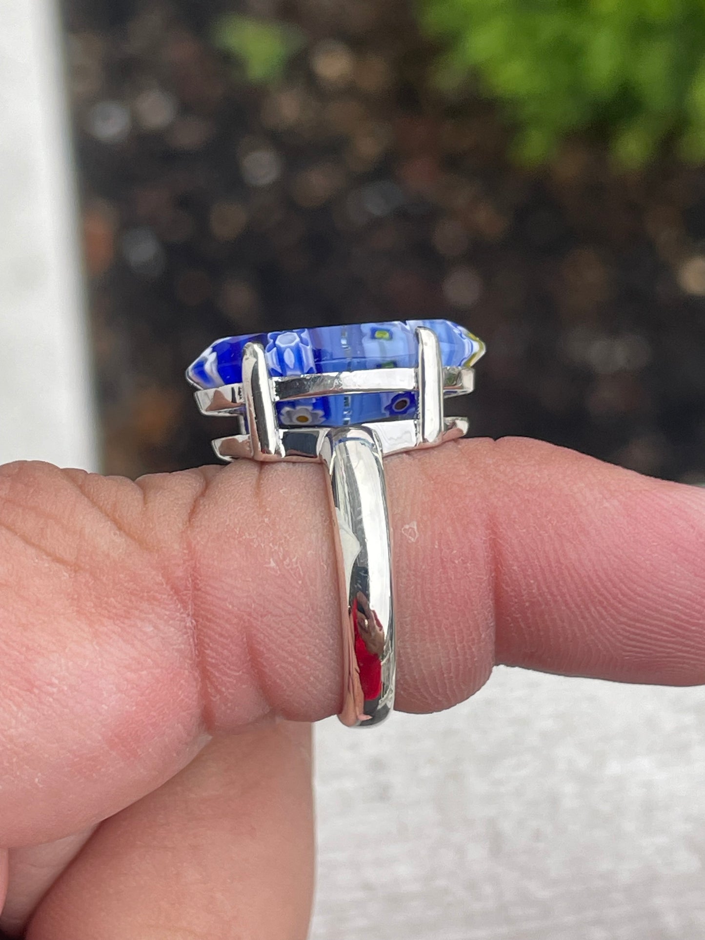 Designer Alan K 925 Sterling Silver Blue Oval Glass Millefiori Ring Size 7