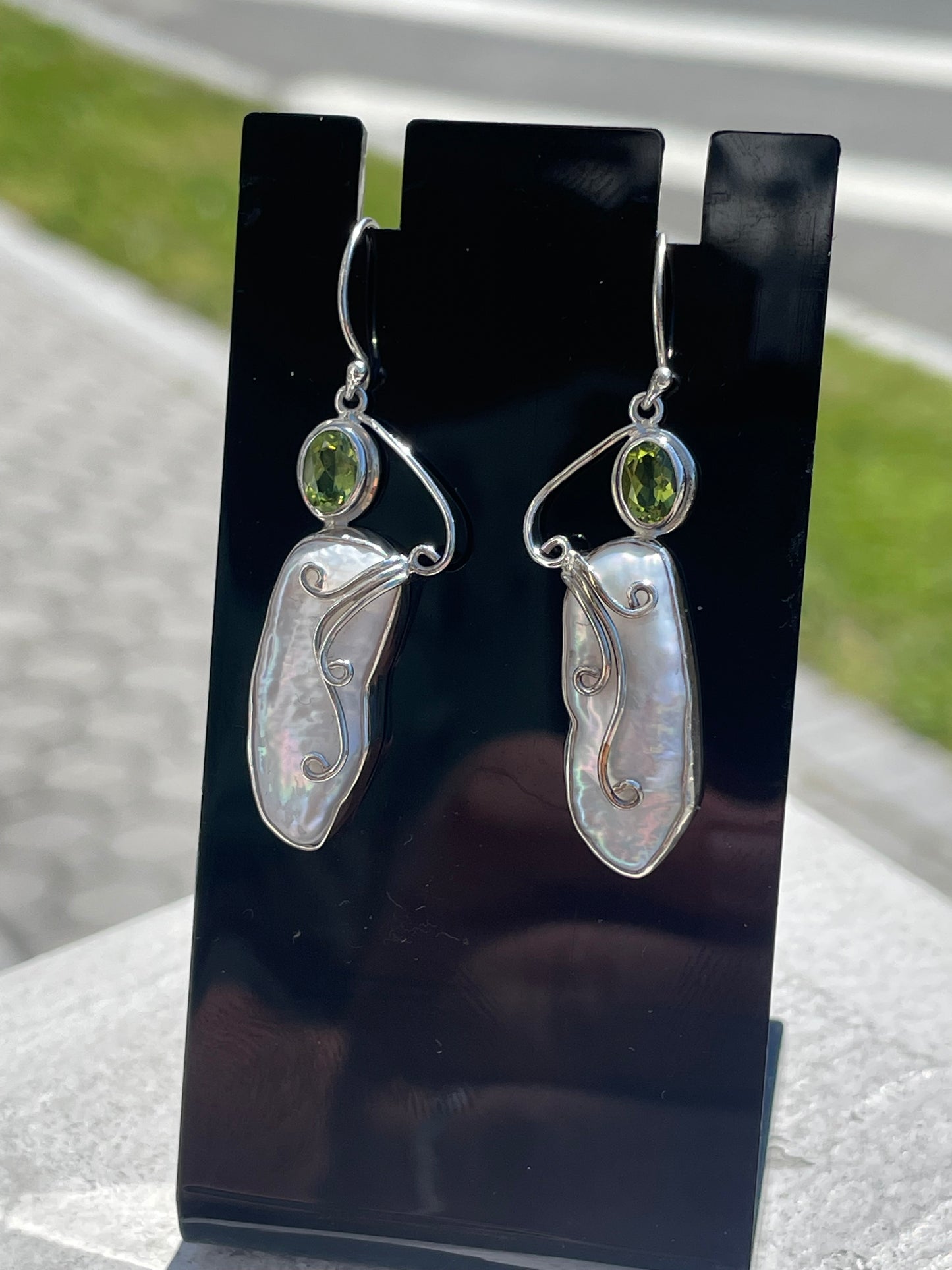 925 Sterling Silver Handmade Mother of Pearl & Peridot Dangle Earrings