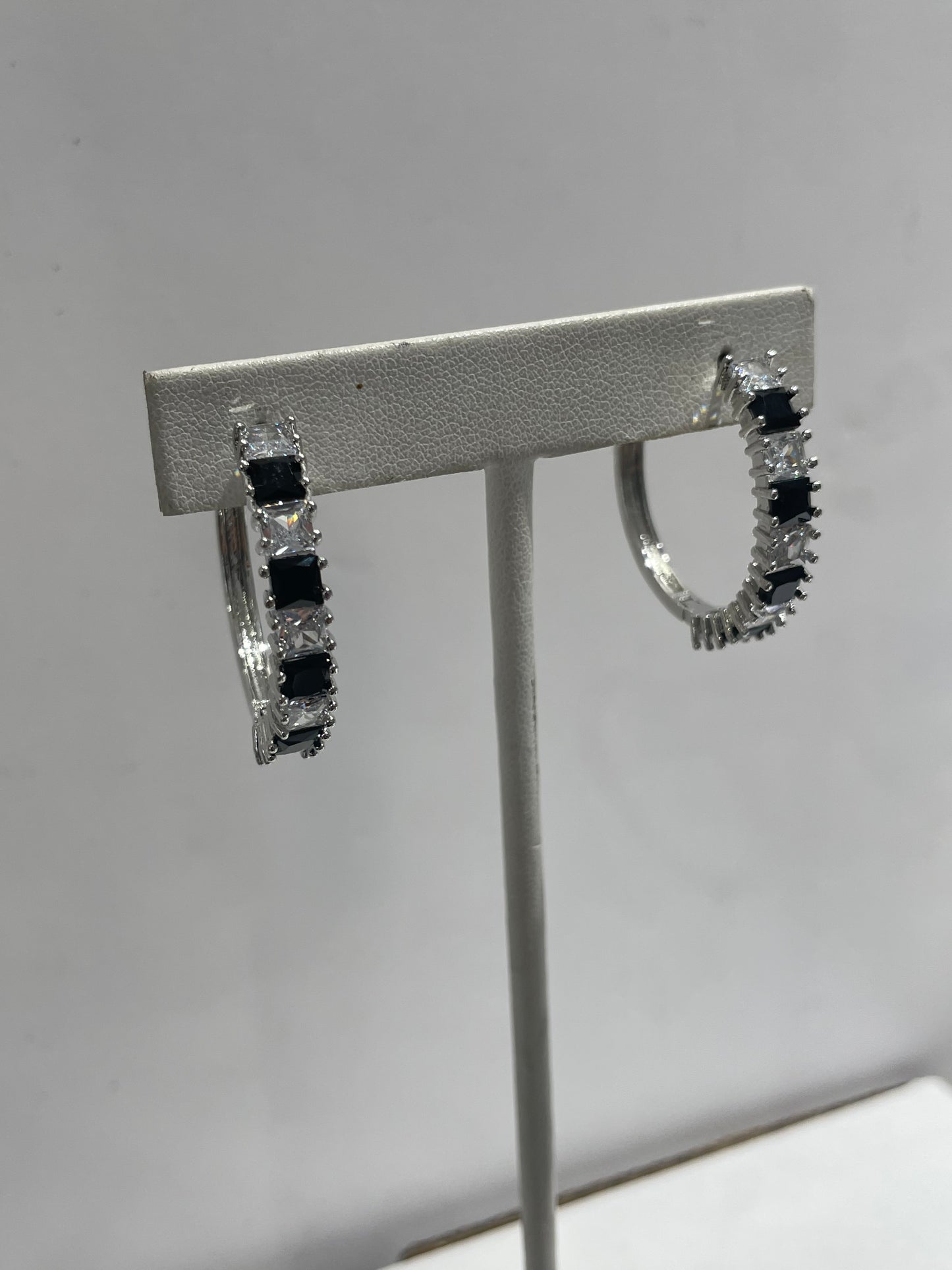 Silver Plated Black & White Zirconia Hoop Earrings