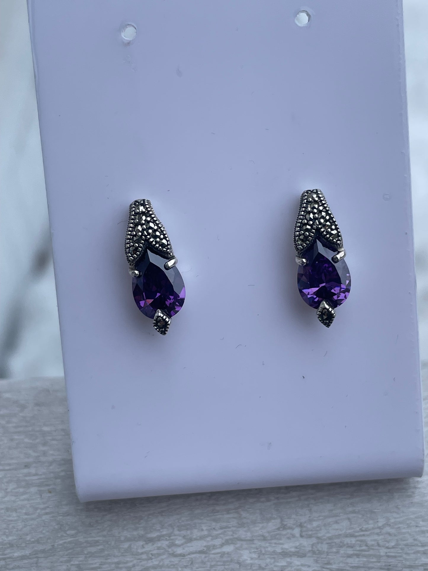 925 Sterling Silver Amethyst & Marcasite Drop Stud Earrings