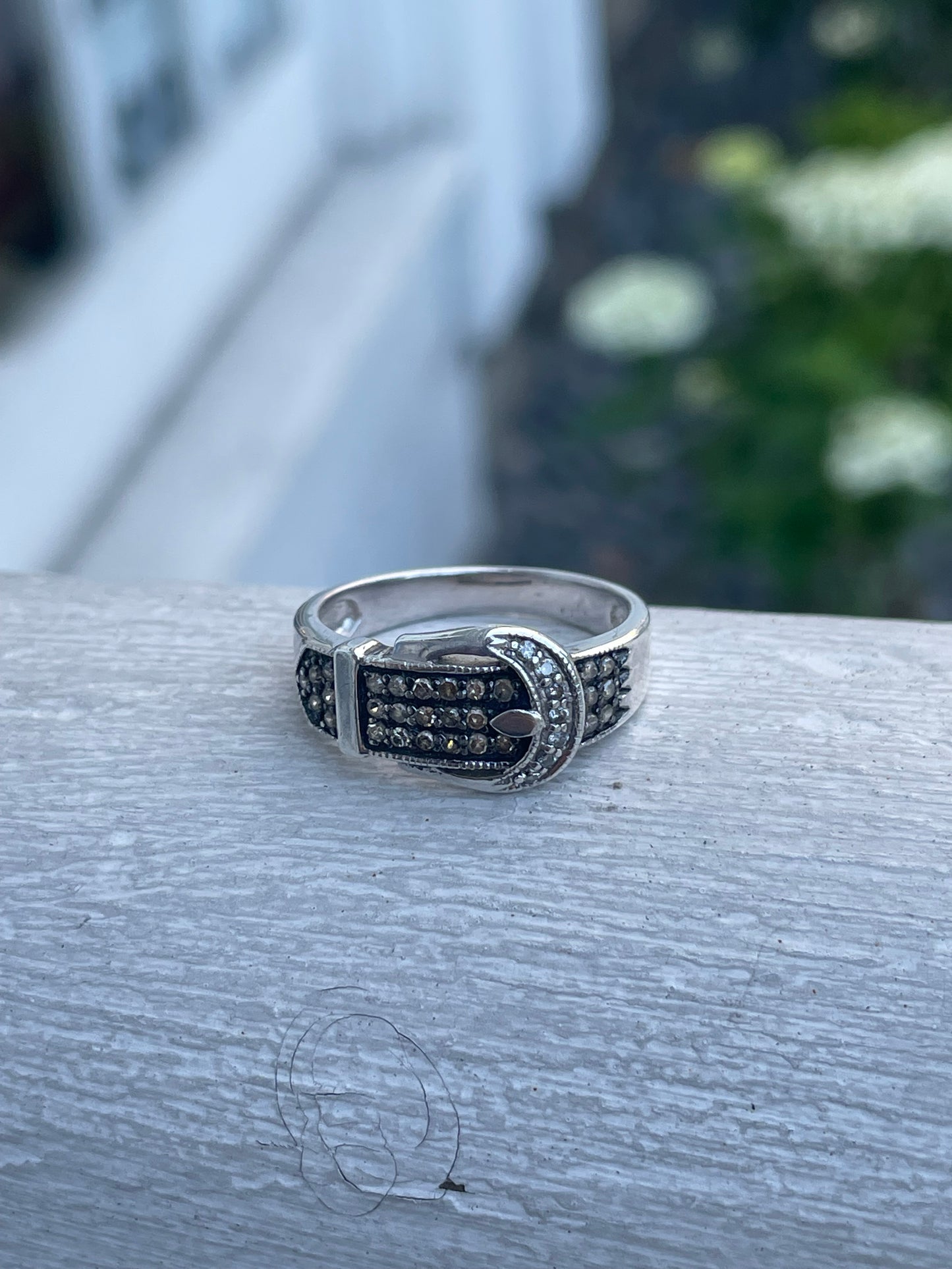 925 Sterling Silver Natural Champagne & White Diamond Belt Buckle Ring Size 8