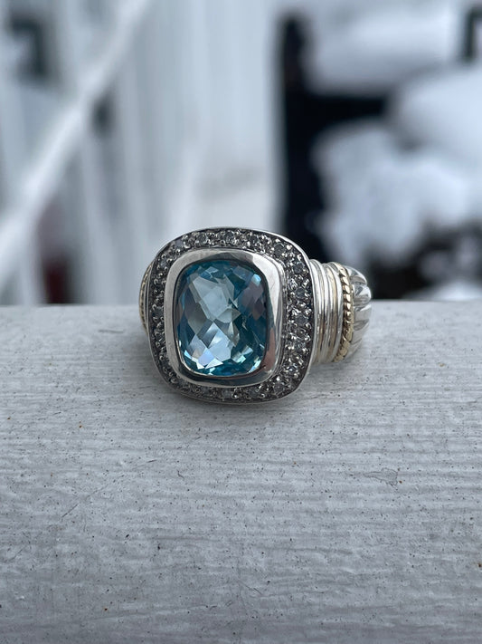 925 Sterling Silver & 14k Gold Large Blue Topaz & Diamond Solitaire Ring Size 8.5