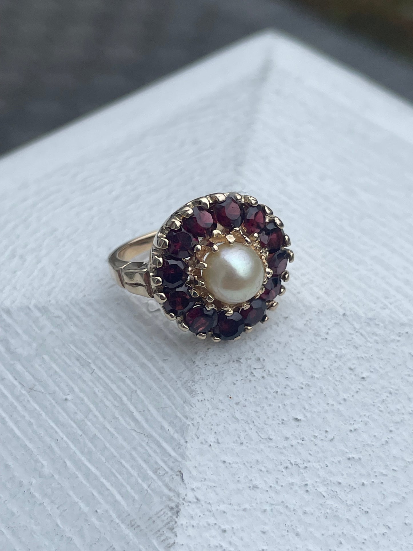 14k Gold Pearl & Garnet Cluster Ring Size 5.75