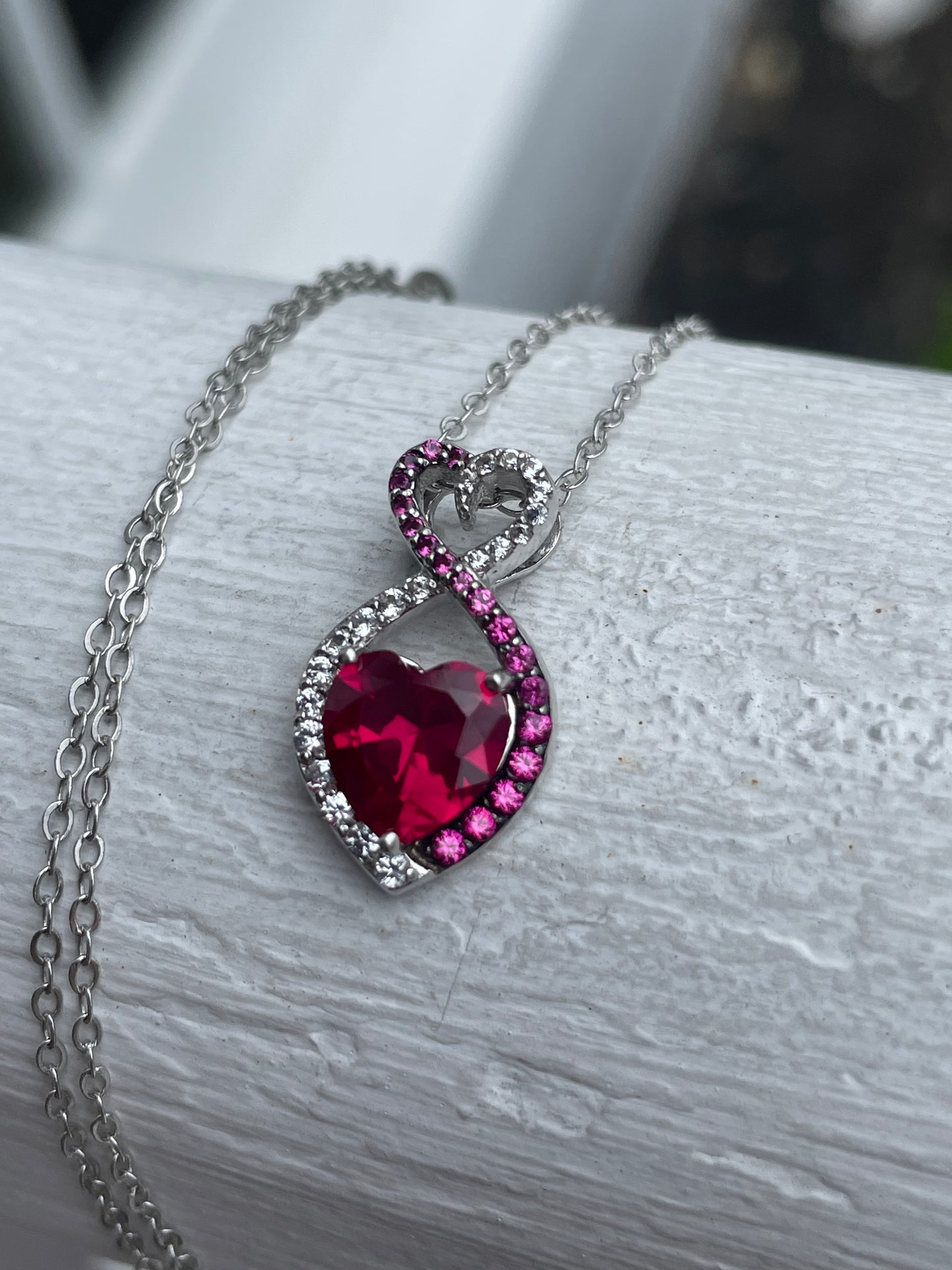 925 Sterling Silver “Love within my Heart” Infinity Red Ruby & Clear Zirconia Necklace 18”