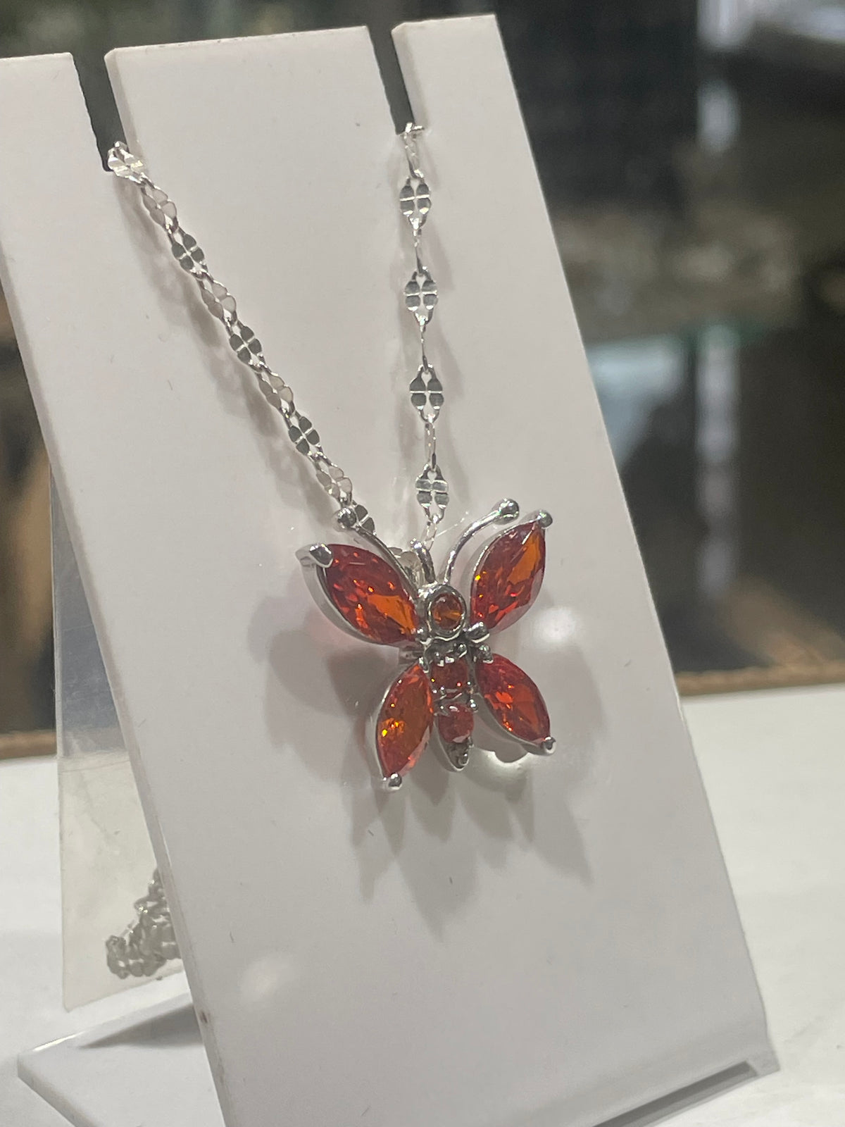 925 Sterling Silver Orange Zirconia Butterfly Necklace