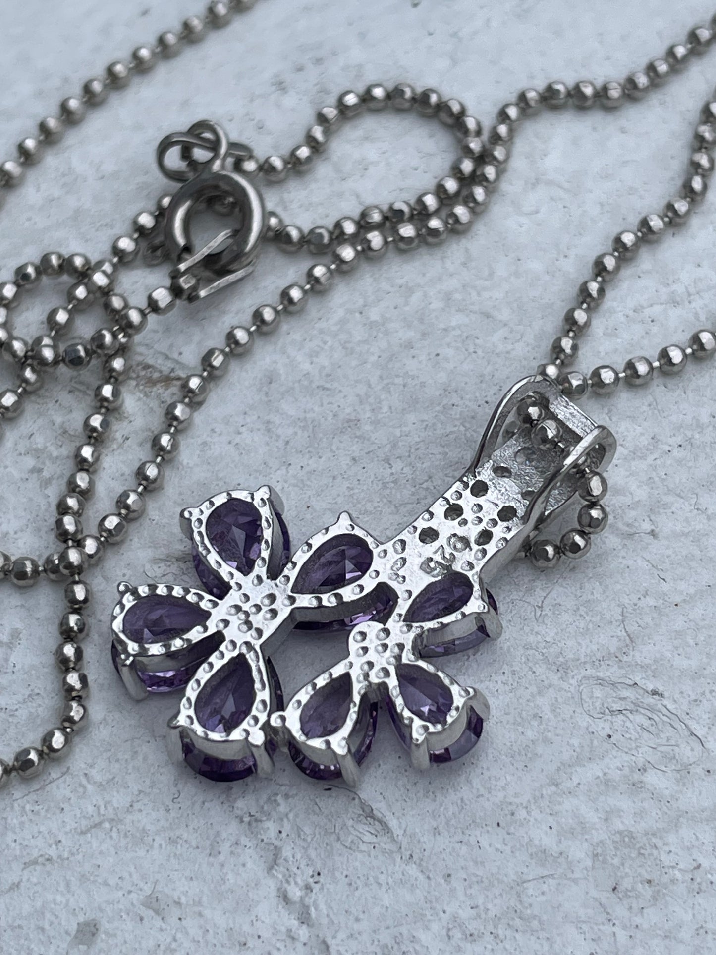 925 Sterling Silver Simulated Amethyst Flower Petals Necklace